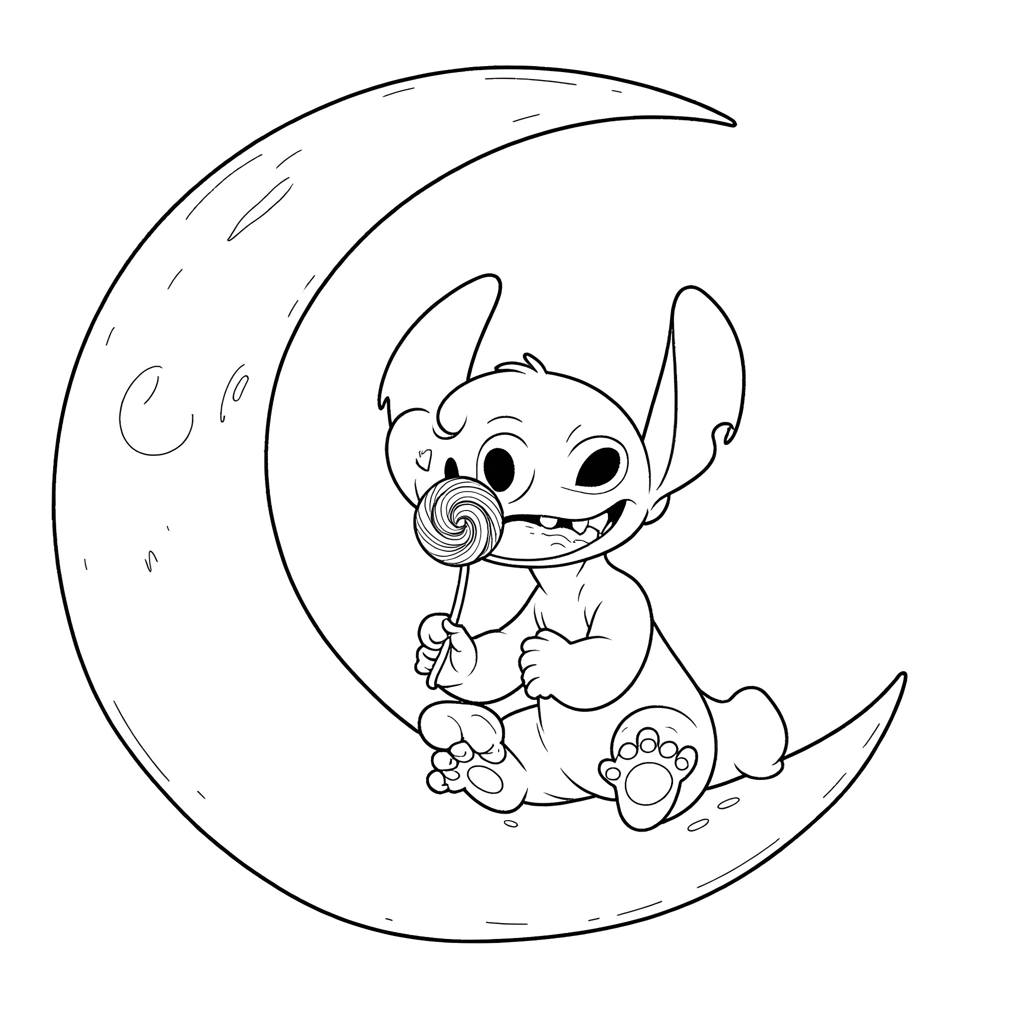 Stitch sitting on a crescent moon with a lollipop Coloring Page (free black-and-white line drawing printable PDF for all, from beginners to advanced learners, including children, teens, adults, and seniors)