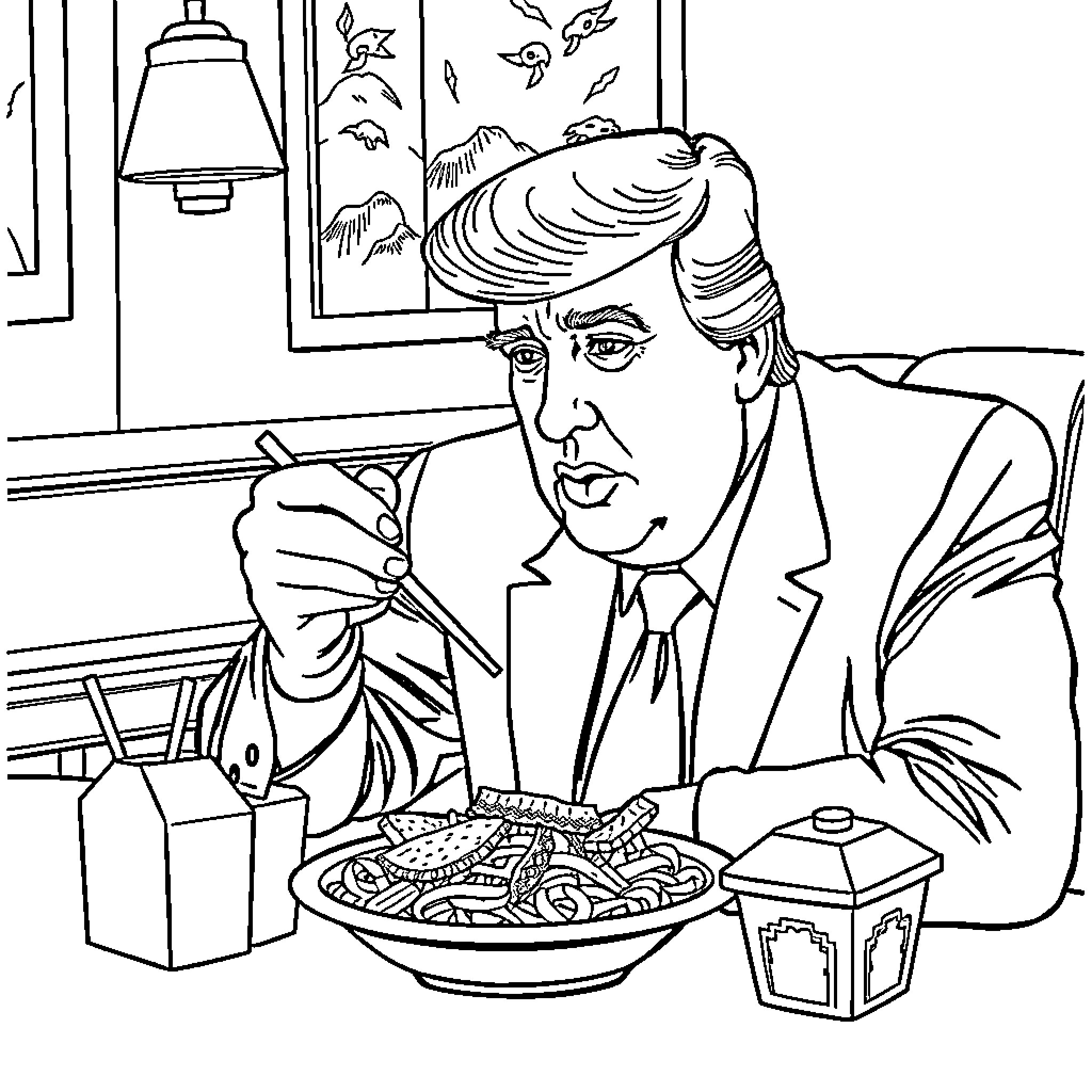 Donald Trump Eating Pasta Indoors Coloring Page (free black-and-white line drawing printable PDF for all, from beginners to advanced learners, including children, teens, adults, and seniors)