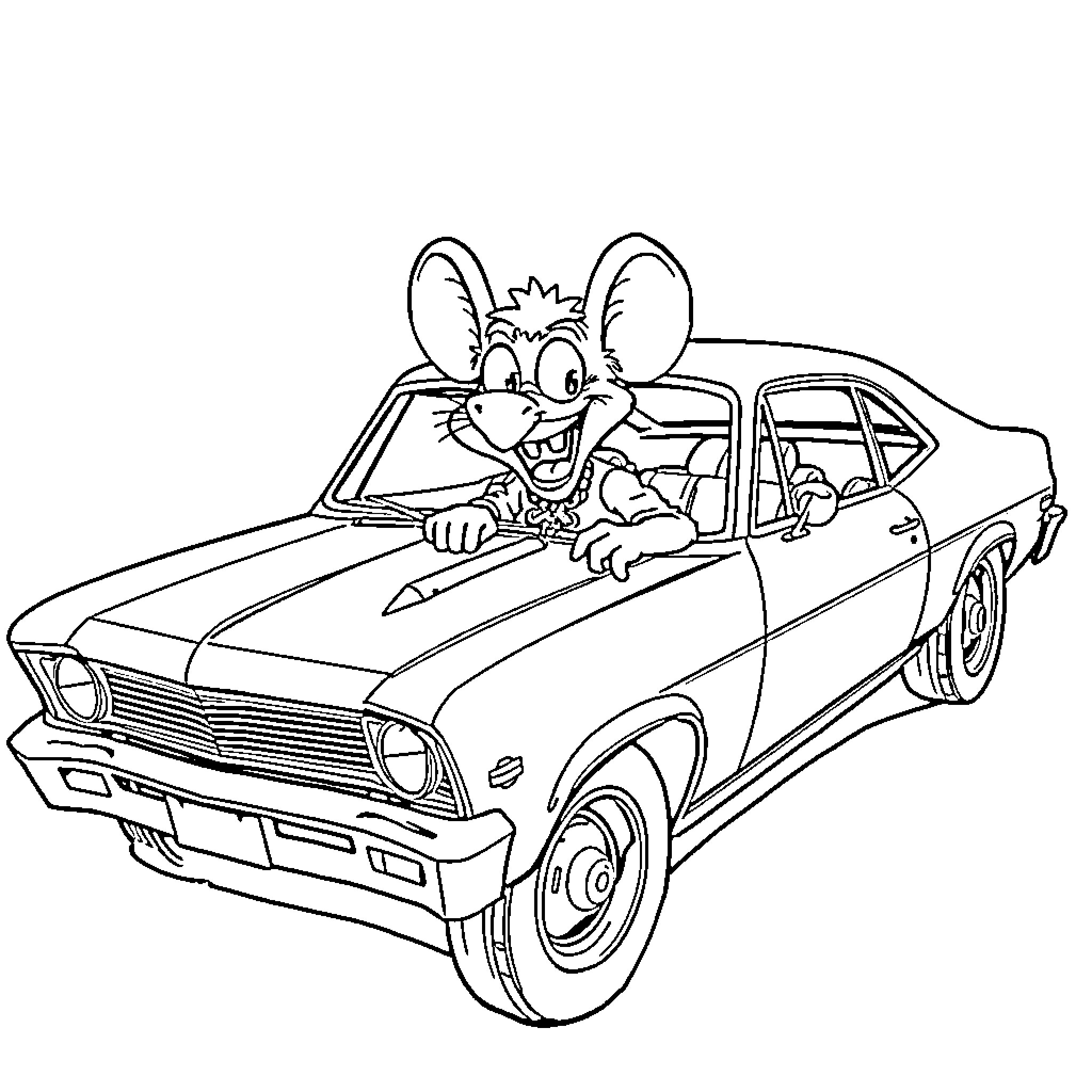 Rat Fink riding in a vintage muscle car Coloring Page (free black-and-white line drawing printable PDF for all, from beginners to advanced learners, including children, teens, adults, and seniors)