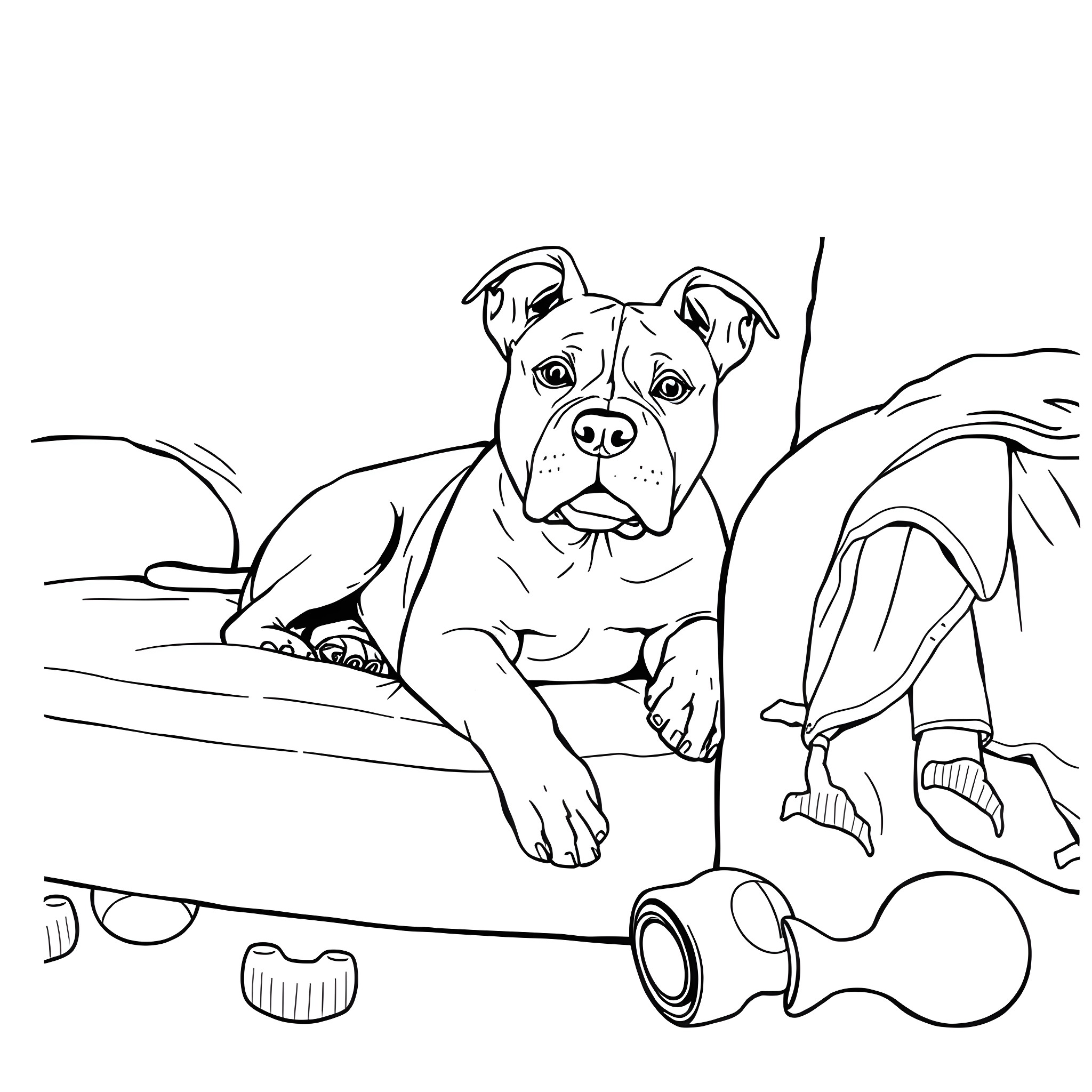 Pitbull pup relaxing on couch with toys Coloring Page (free black-and-white line drawing printable PDF for all, from beginners to advanced learners, including children, teens, adults, and seniors)