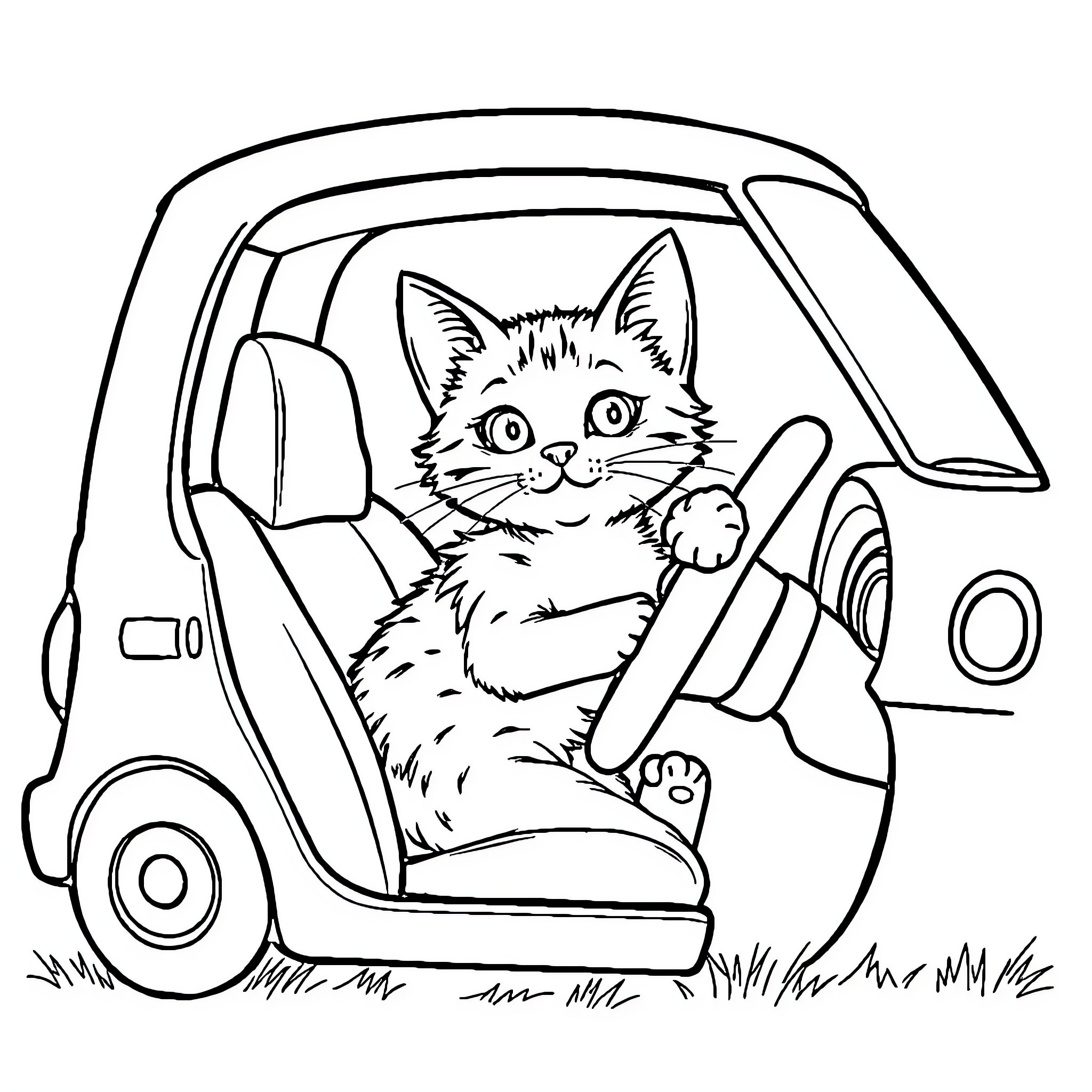 Cat driving a car happily Coloring Page (free black-and-white line drawing printable PDF for all, from beginners to advanced learners, including children, teens, adults, and seniors)