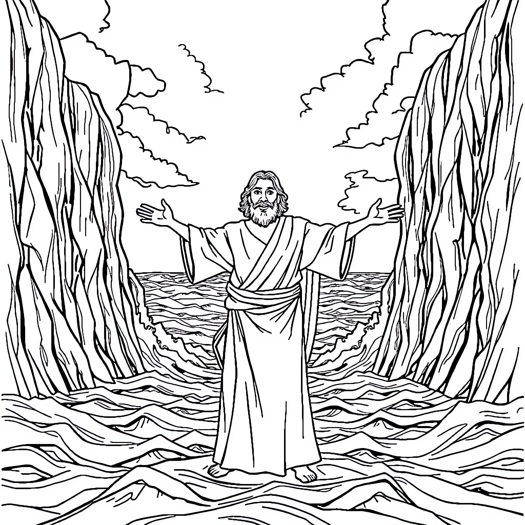 Moses parts the waters and leads his people Coloring Page (free black-and-white line drawing printable PDF for all, from beginners to advanced learners, including children, teens, adults, and seniors)