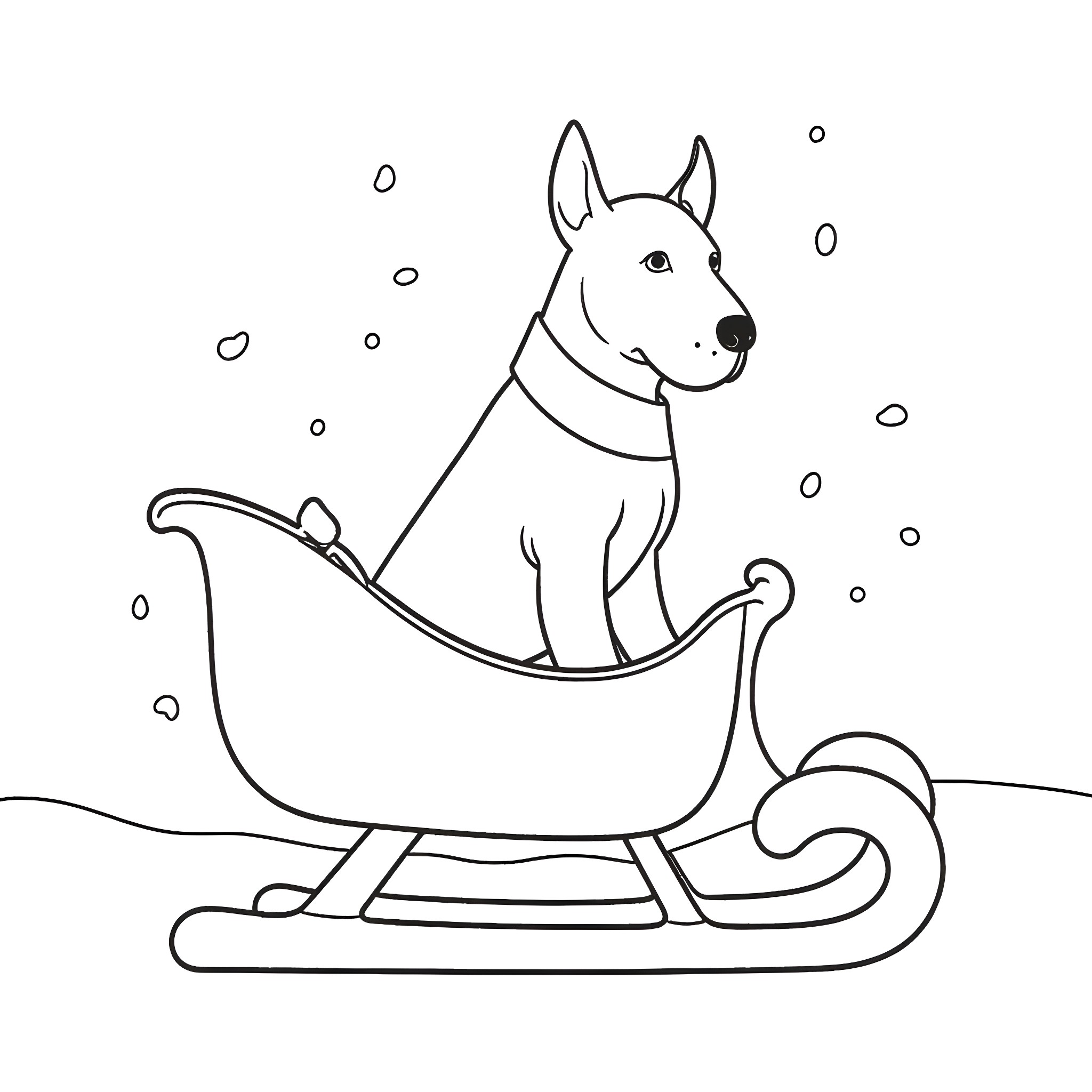 Bull Terrier riding a sled in the snow Coloring Page (free black-and-white line drawing printable PDF for all, from beginners to advanced learners, including children, teens, adults, and seniors)