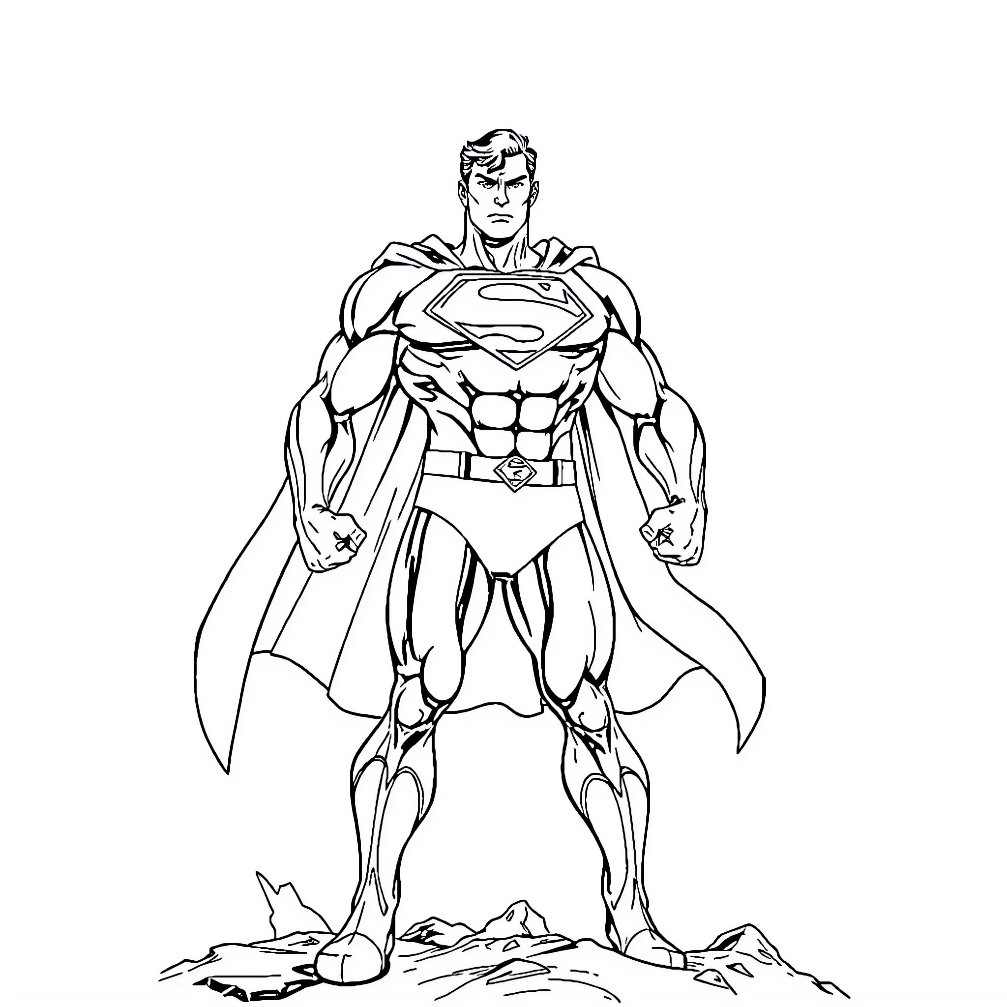 Superman heroically stands ready for action Coloring Page (free black-and-white line drawing printable PDF for all, from beginners to advanced learners, including children, teens, adults, and seniors)