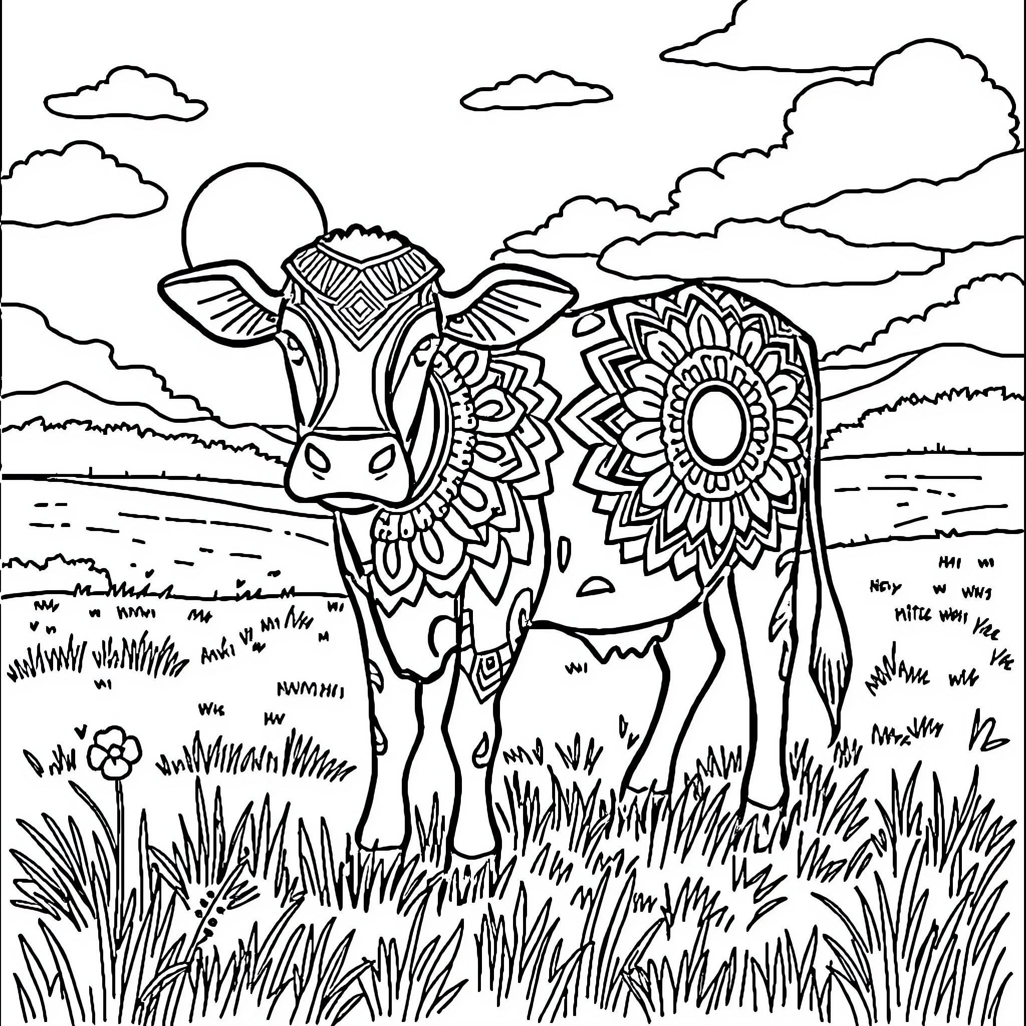 Cow standing in a pastoral field Coloring Page (free black-and-white line drawing printable PDF for all, from beginners to advanced learners, including children, teens, adults, and seniors)
