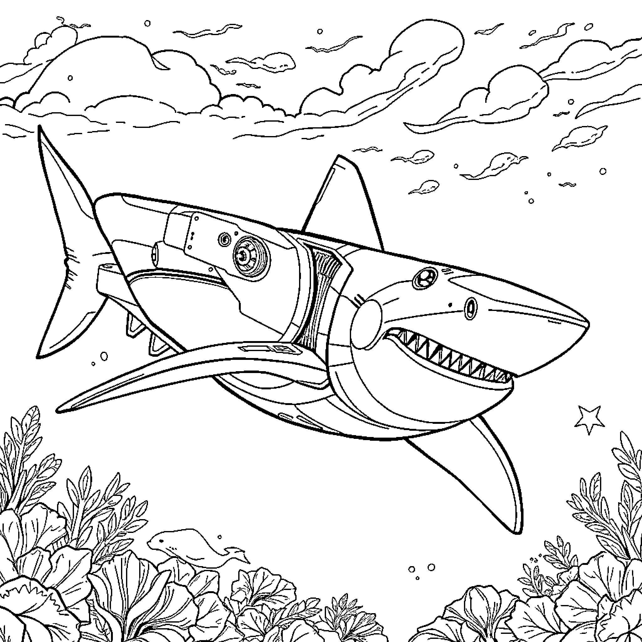 Robot Shark swimming through the ocean Coloring Page (free black-and-white line drawing printable PDF for all, from beginners to advanced learners, including children, teens, adults, and seniors)