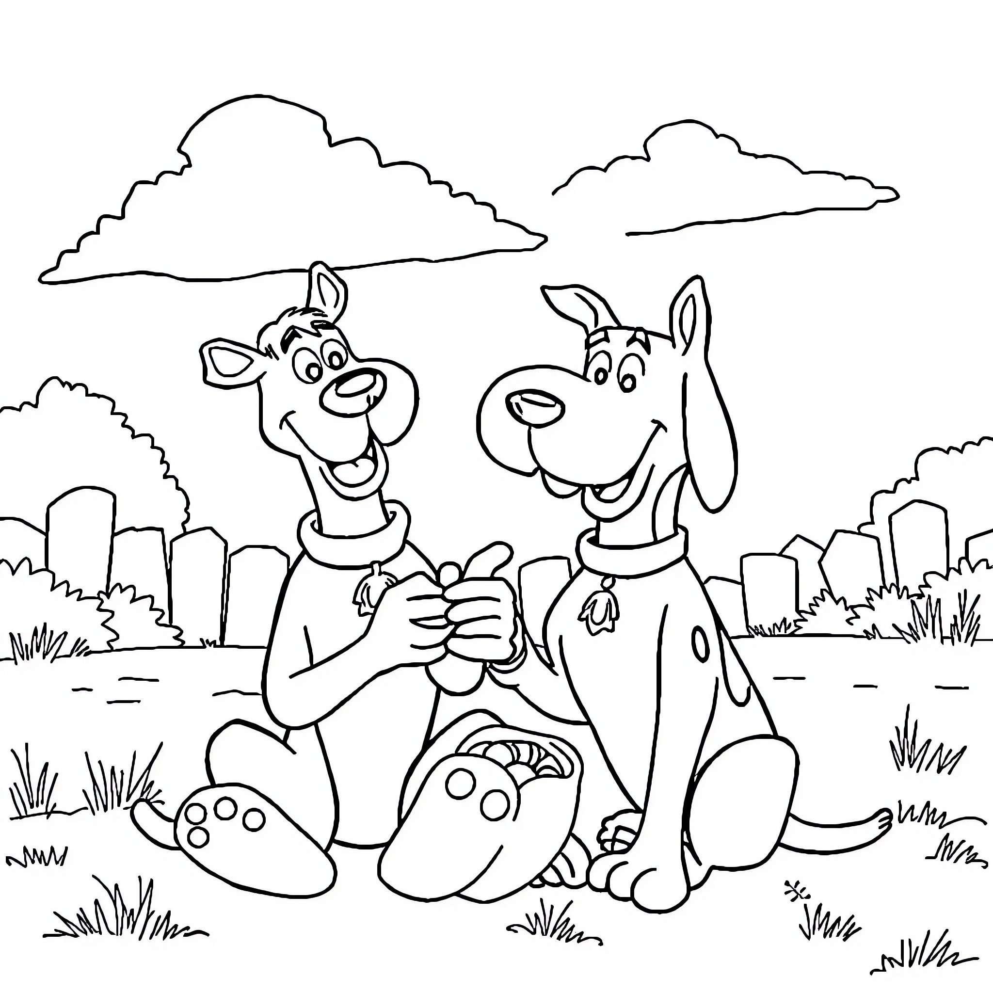 Scooby Doo and Shaggy playing in the park Coloring Page (free black-and-white line drawing printable PDF for all, from beginners to advanced learners, including children, teens, adults, and seniors)