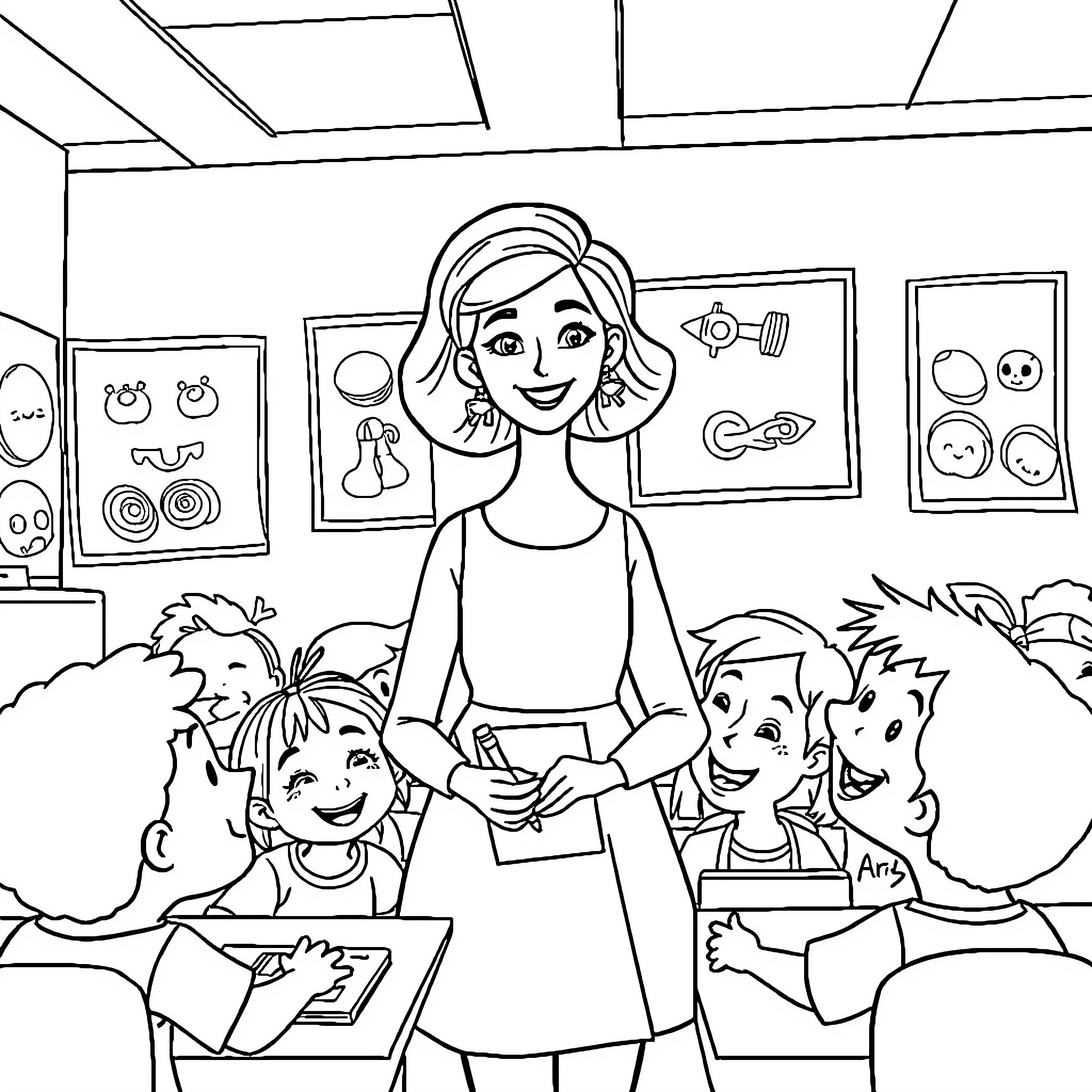Lady teaching young students in the classroom Coloring Page (free black-and-white line drawing printable PDF for all, from beginners to advanced learners, including children, teens, adults, and seniors)