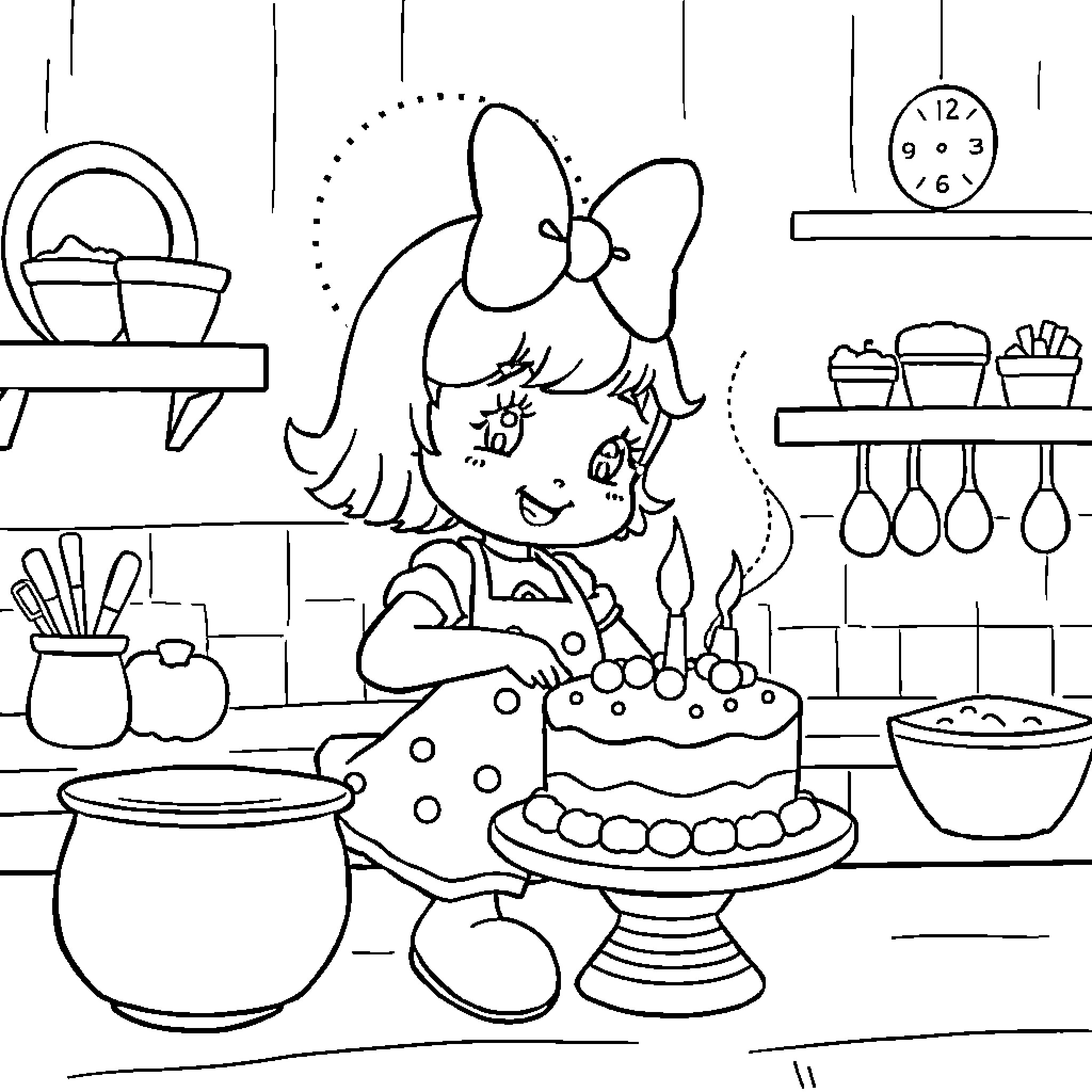 Melody Baking a Delicious Cake in the Kitchen Coloring Page (free black-and-white line drawing printable PDF for all, from beginners to advanced learners, including children, teens, adults, and seniors)