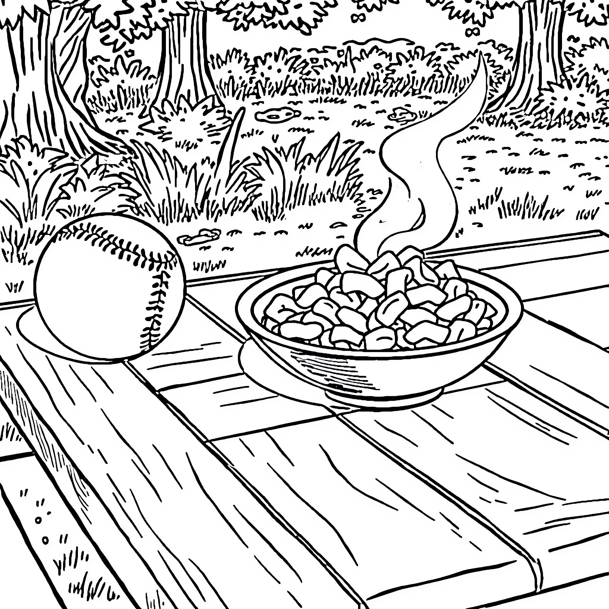 Baseball snacks in the forest Coloring Page (free black-and-white line drawing printable PDF for all, from beginners to advanced learners, including children, teens, adults, and seniors)