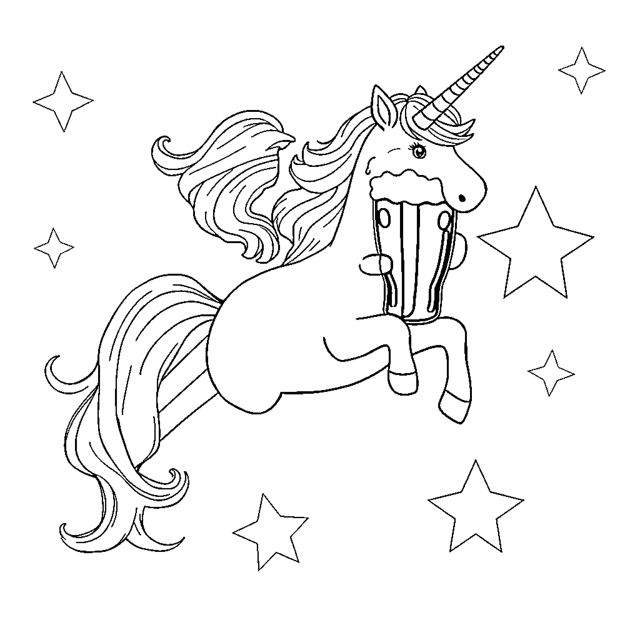 Unicorn Holding a Magical Wand with Stars Coloring Page (free black-and-white line drawing printable PDF for all, from beginners to advanced learners, including children, teens, adults, and seniors)