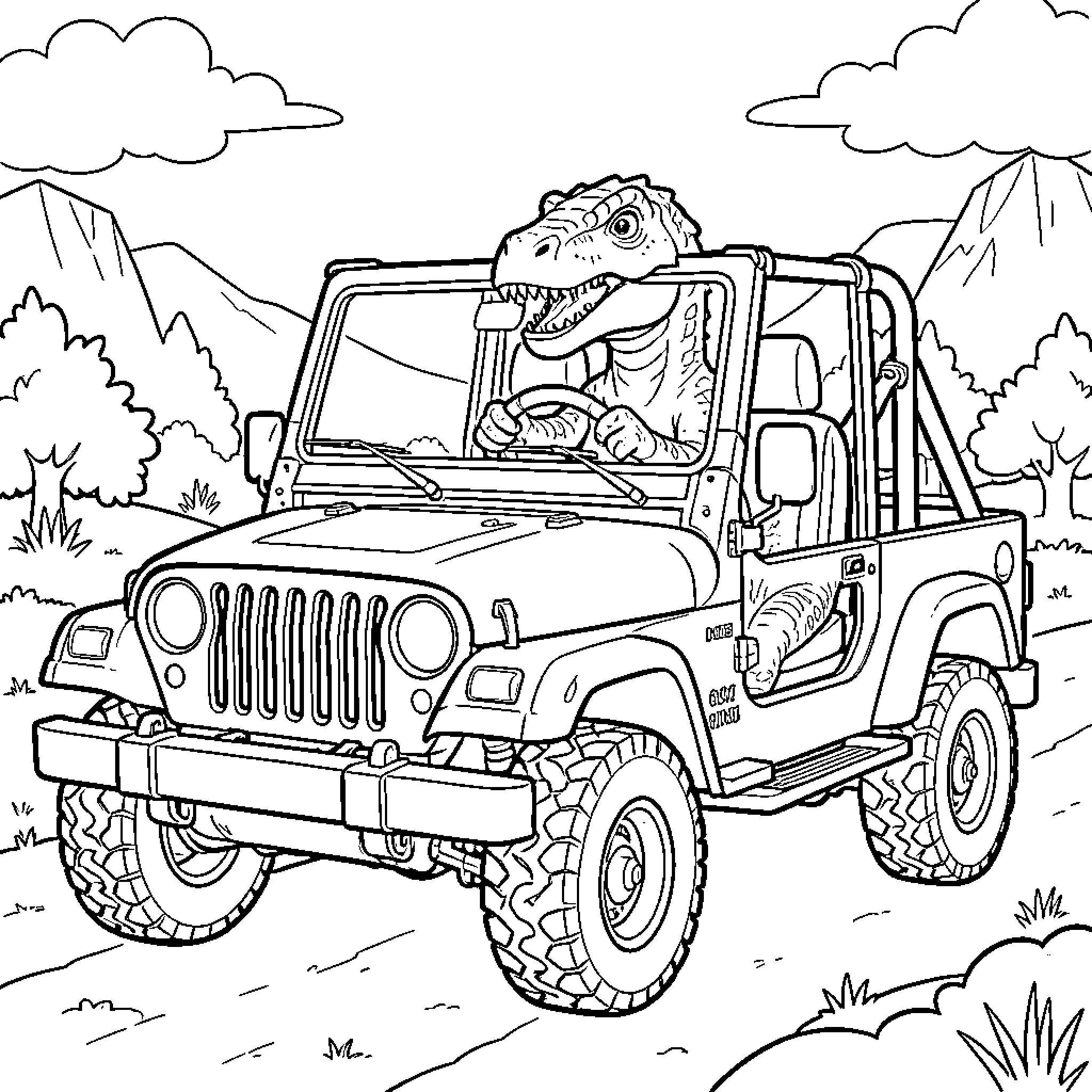 Dinosaur driving a jeep through a landscape Coloring Page (free black-and-white line drawing printable PDF for all, from beginners to advanced learners, including children, teens, adults, and seniors)