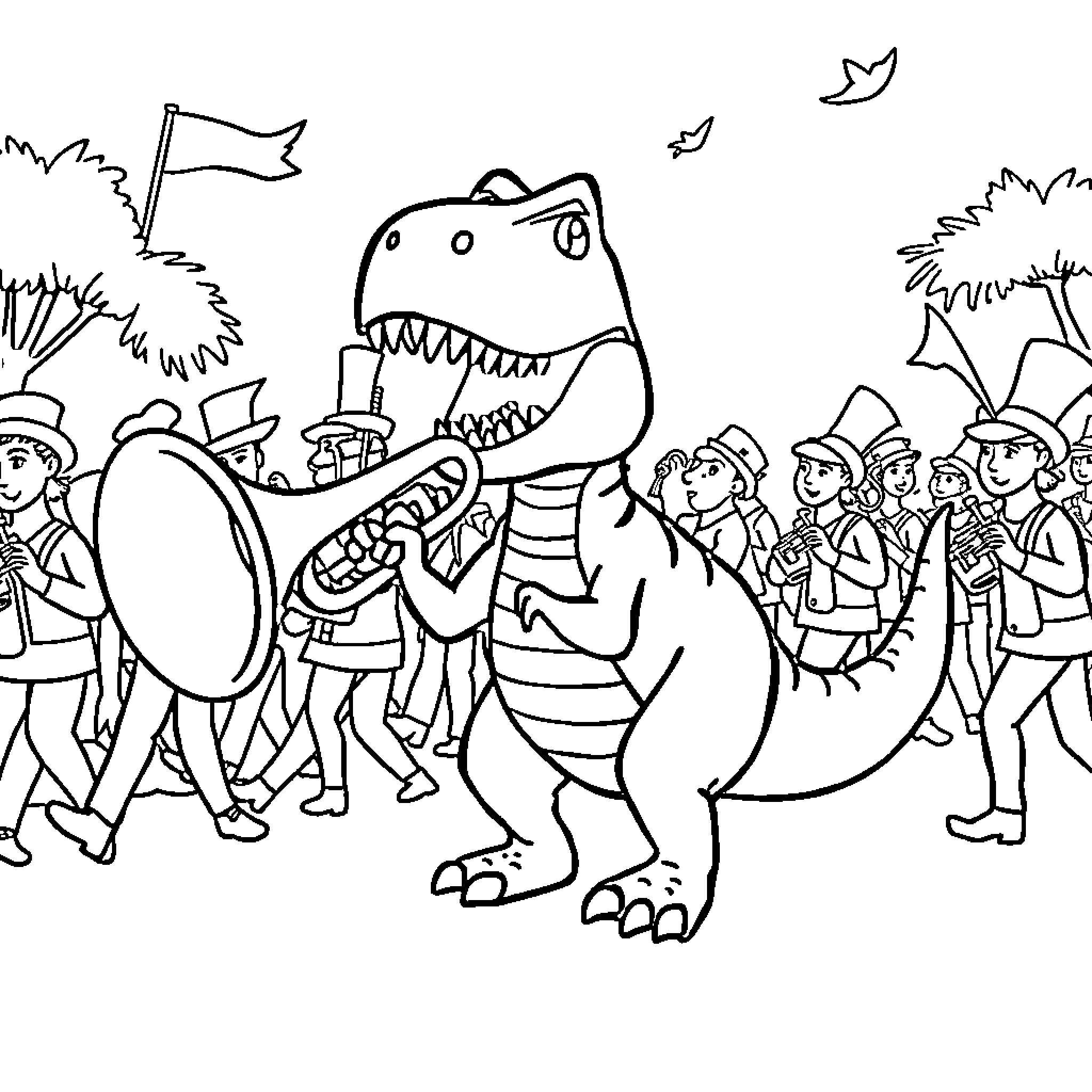 Trex leading a parade of musicians and people Coloring Page (free black-and-white line drawing printable PDF for all, from beginners to advanced learners, including children, teens, adults, and seniors)