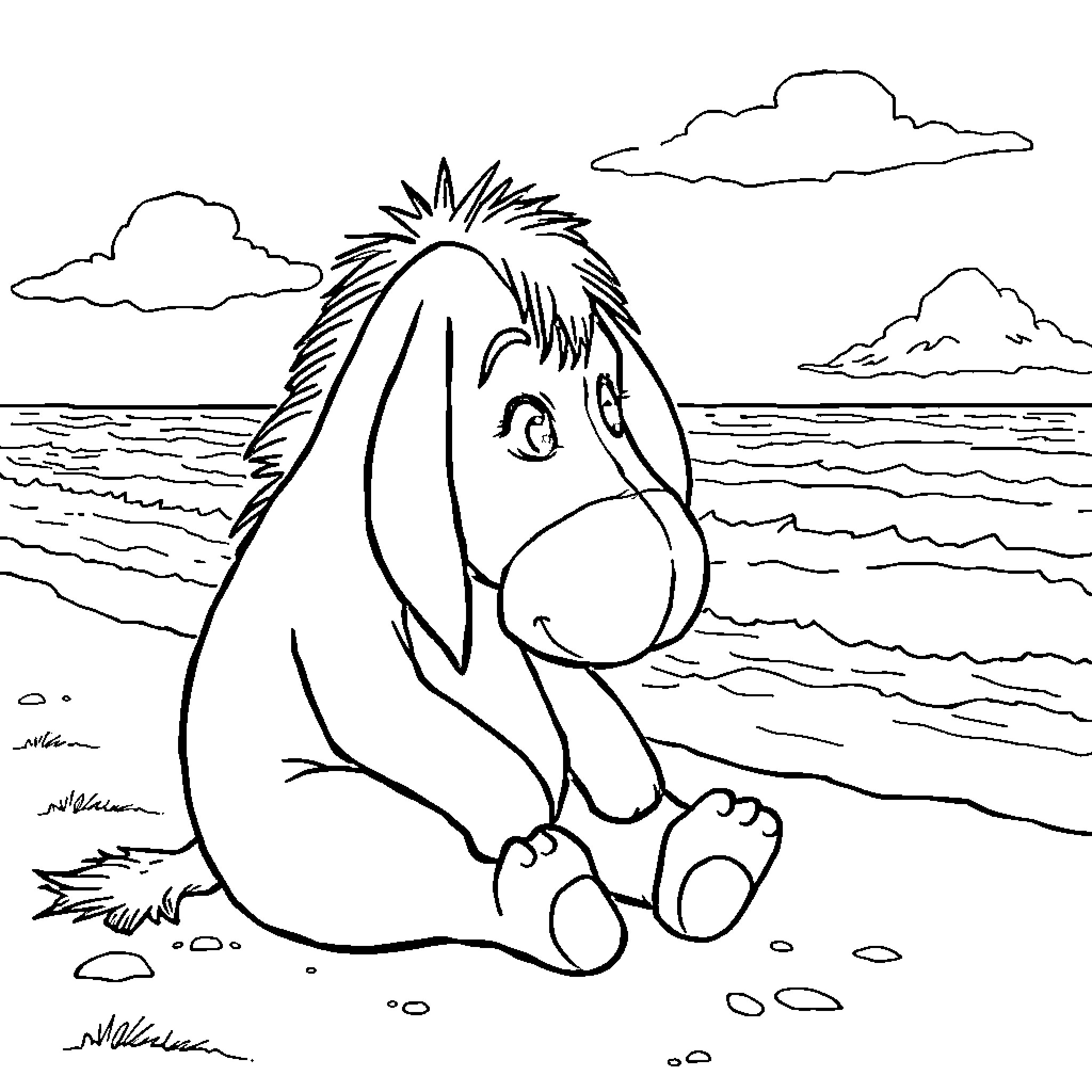 Eeyore contemplating by the sea Coloring Page (free black-and-white line drawing printable PDF for all, from beginners to advanced learners, including children, teens, adults, and seniors)