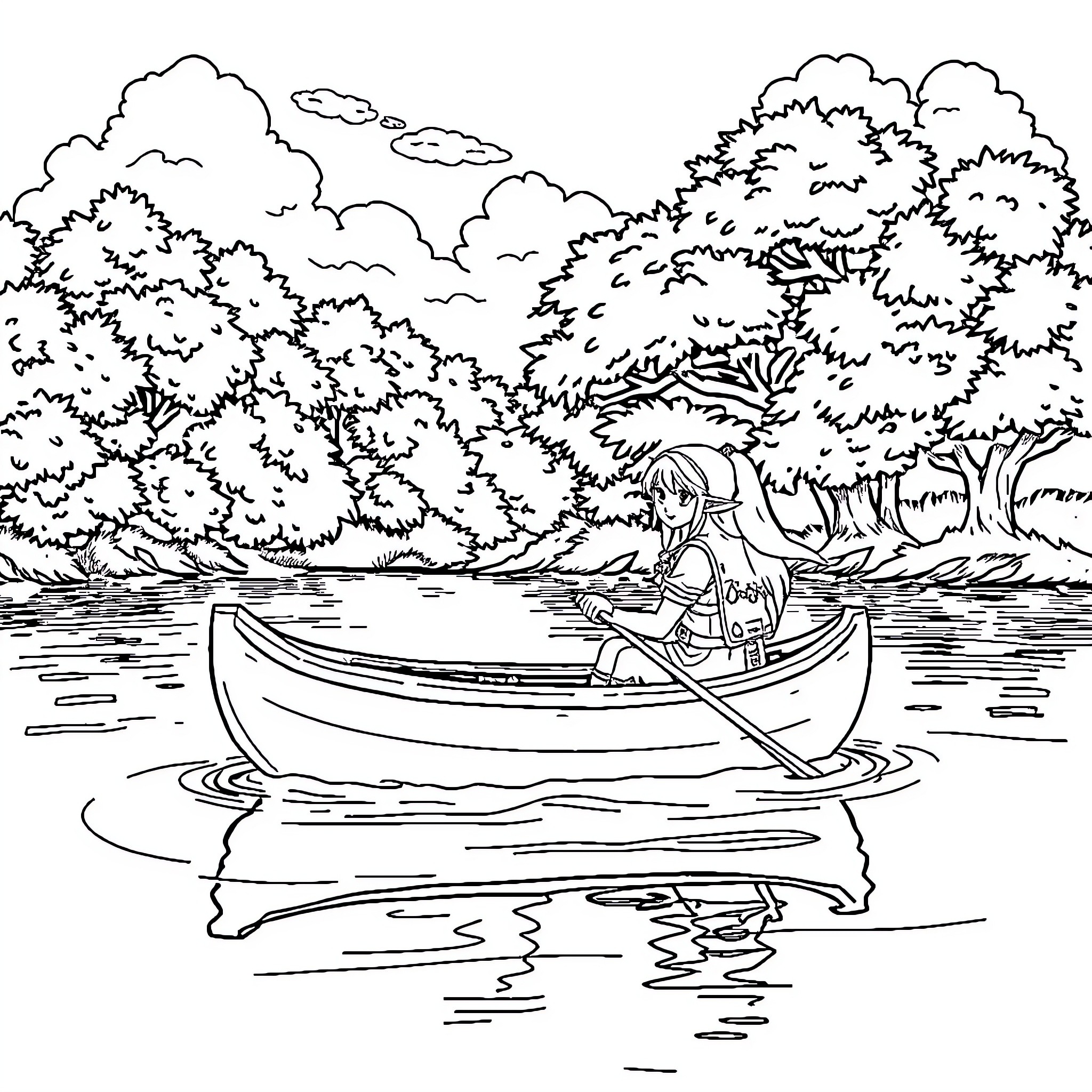 Link exploring nature in a tranquil boat Coloring Page (free black-and-white line drawing printable PDF for all, from beginners to advanced learners, including children, teens, adults, and seniors)
