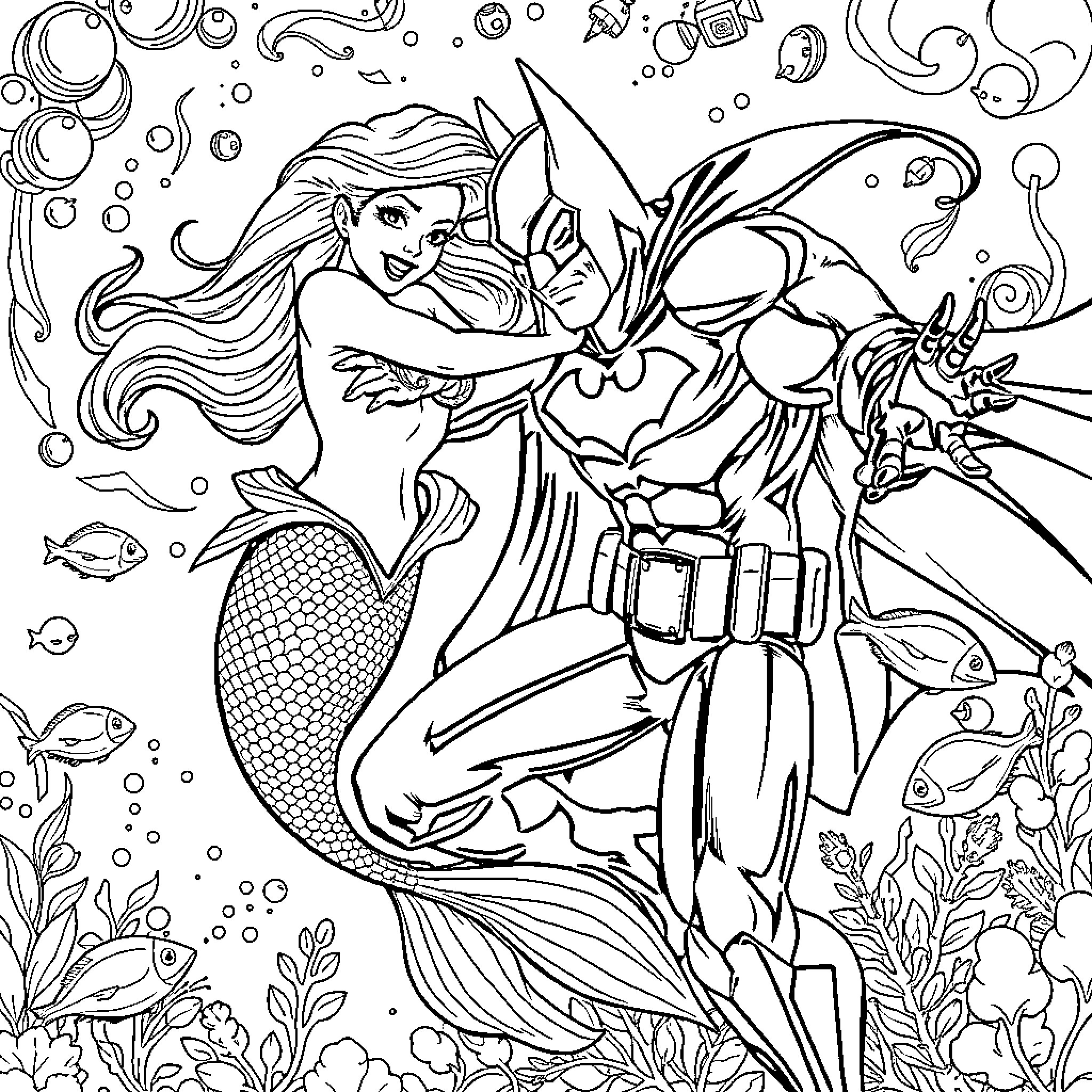Ariel and Batman's Aquatic Adventure Coloring Page (free black-and-white line drawing printable PDF for all, from beginners to advanced learners, including children, teens, adults, and seniors)
