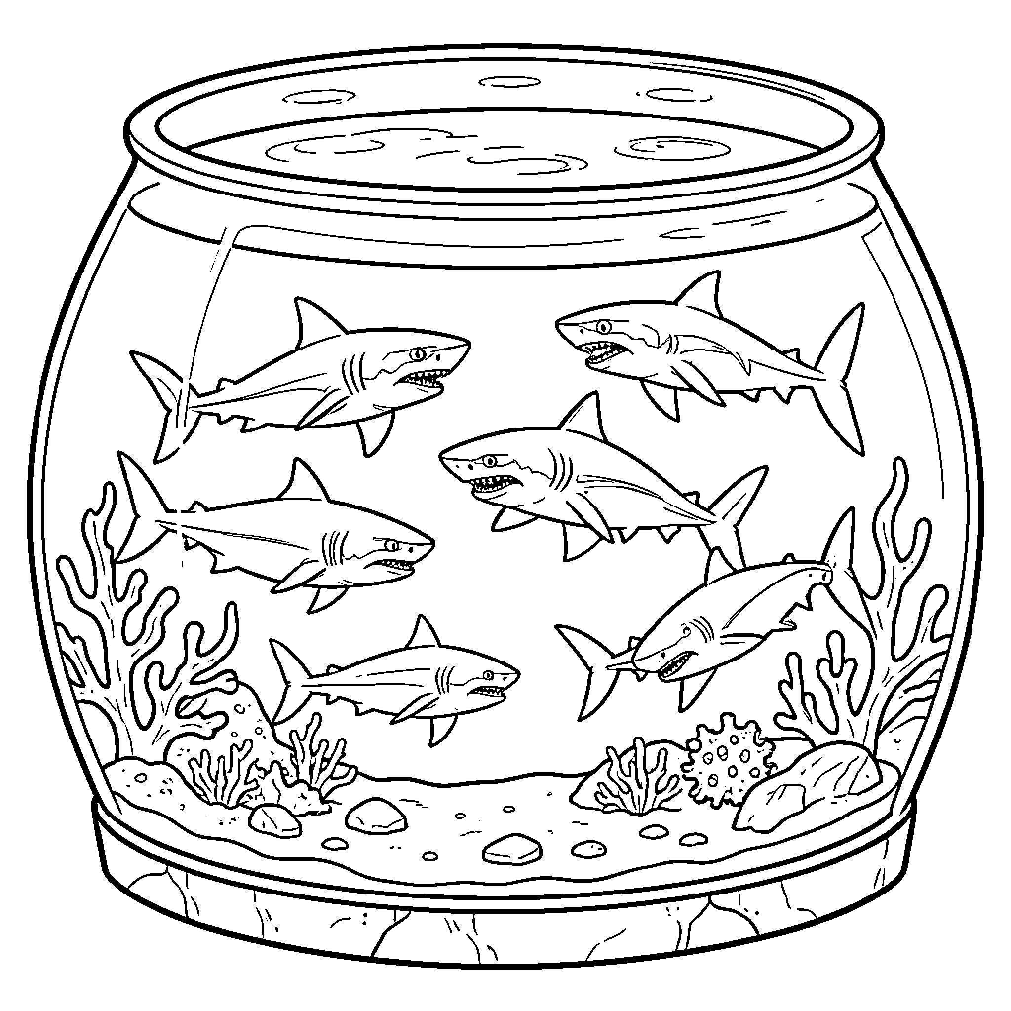 Shark family swimming in aquarium Coloring Page (free black-and-white line drawing printable PDF for all, from beginners to advanced learners, including children, teens, adults, and seniors)