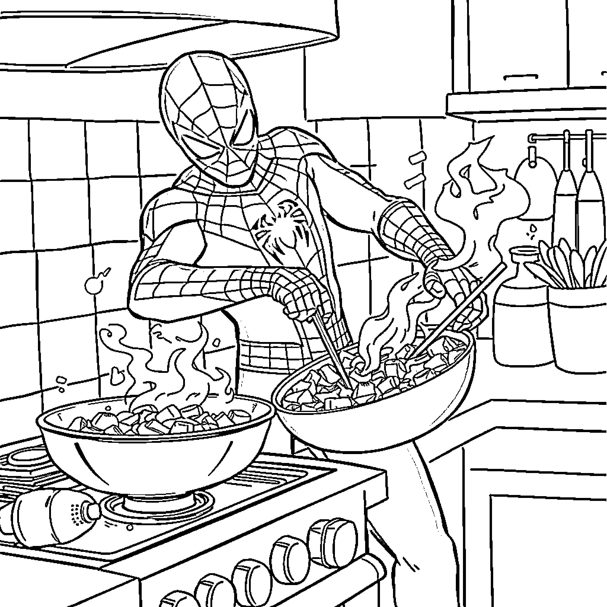 Spiderman cooking in the kitchen Coloring Page (free black-and-white line drawing printable PDF for all, from beginners to advanced learners, including children, teens, adults, and seniors)