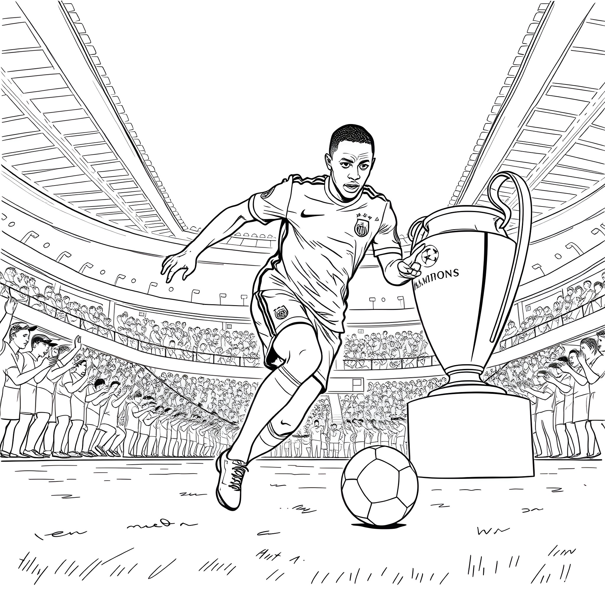 Mbappe Celebrating with Champions League Trophy Coloring Page (free black-and-white line drawing printable PDF for all, from beginners to advanced learners, including children, teens, adults, and seniors)