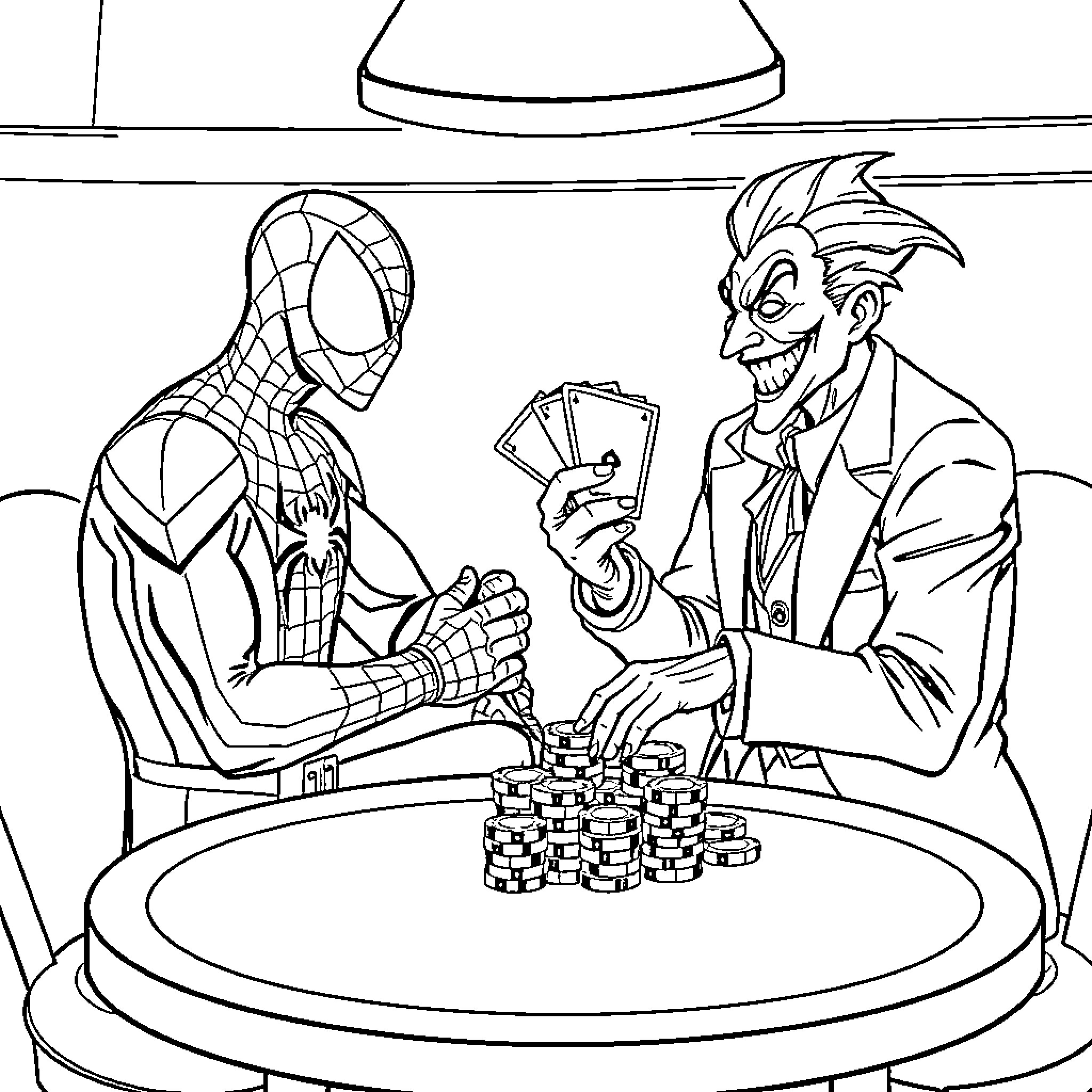 Spider-Man playing poker with the Joker Coloring Page (free black-and-white line drawing printable PDF for all, from beginners to advanced learners, including children, teens, adults, and seniors)