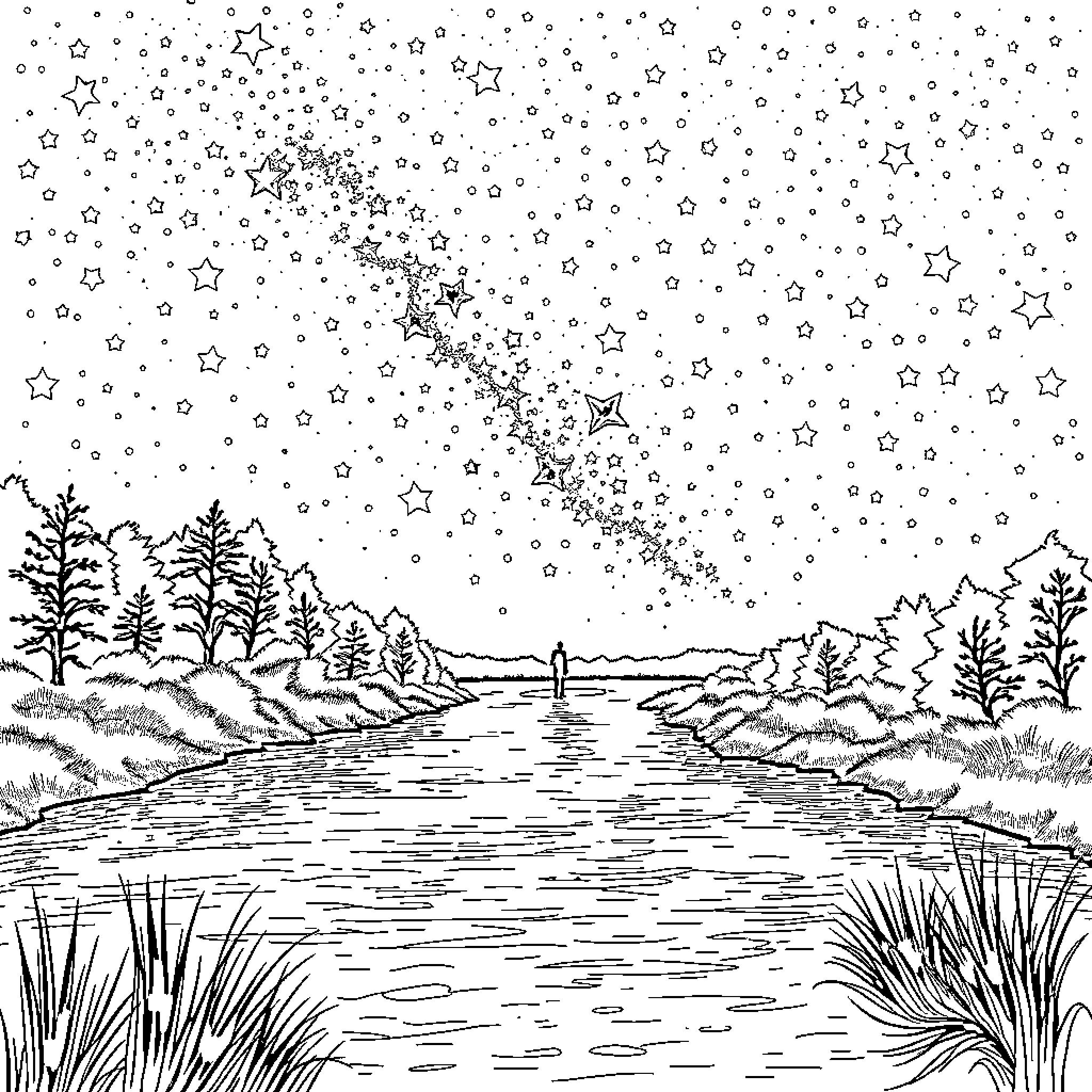 River of Stars in the Night Sky Coloring Page (free black-and-white line drawing printable PDF for all, from beginners to advanced learners, including children, teens, adults, and seniors)