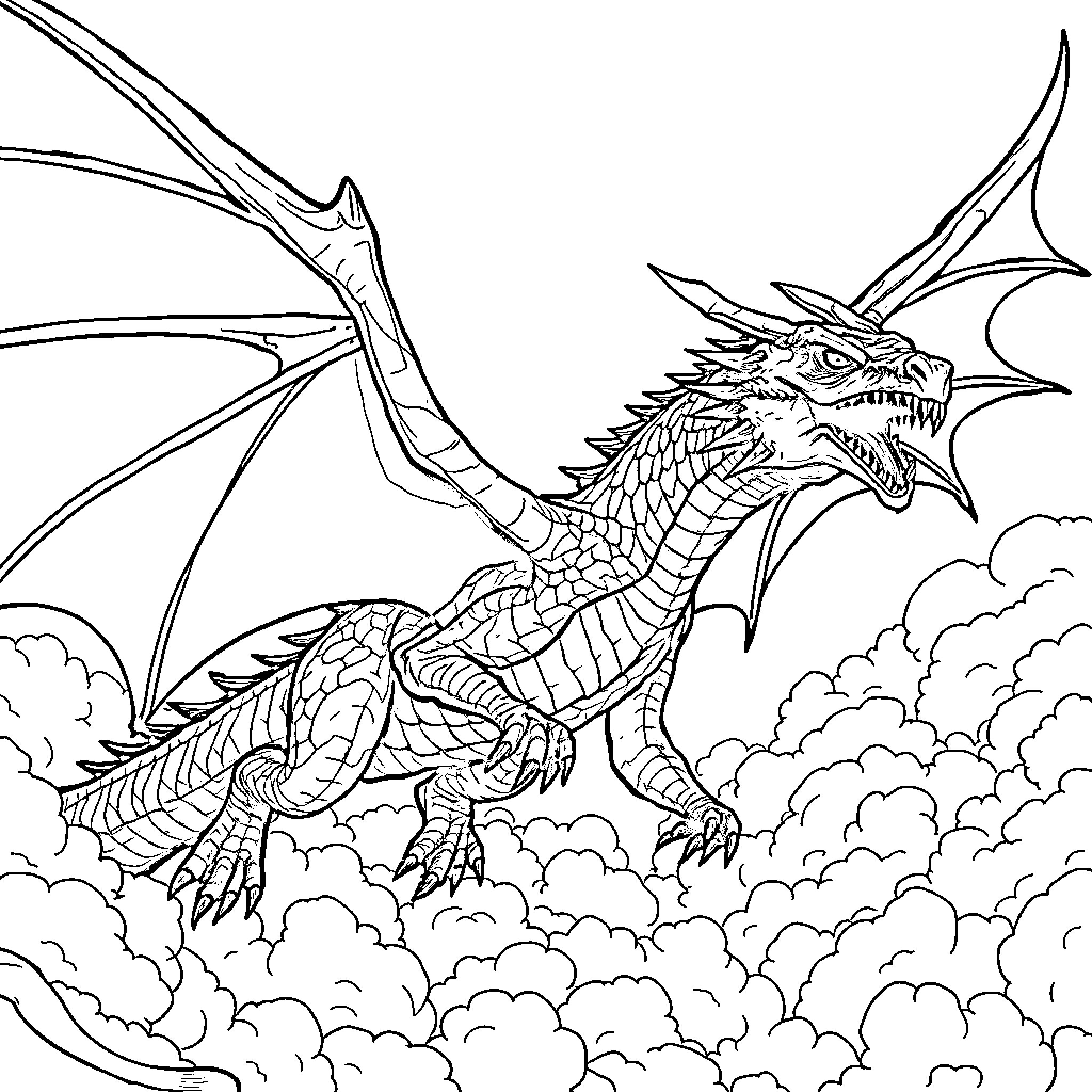 Shadow Dragon Soaring Through Clouds Coloring Page (free black-and-white line drawing printable PDF for all, from beginners to advanced learners, including children, teens, adults, and seniors)