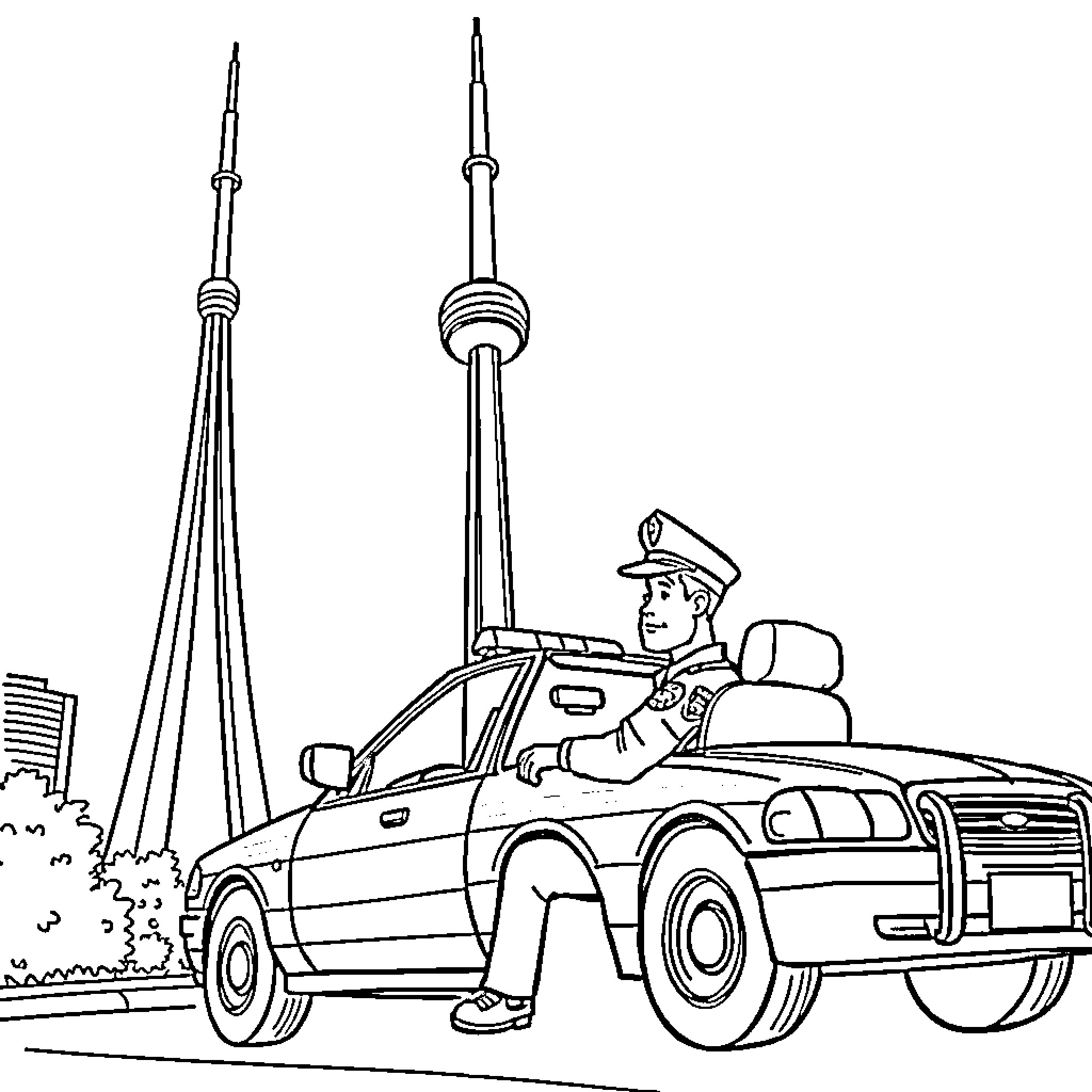 Police Officer in Patrol Car Near City Landmarks Coloring Page (free black-and-white line drawing printable PDF for all, from beginners to advanced learners, including children, teens, adults, and seniors)