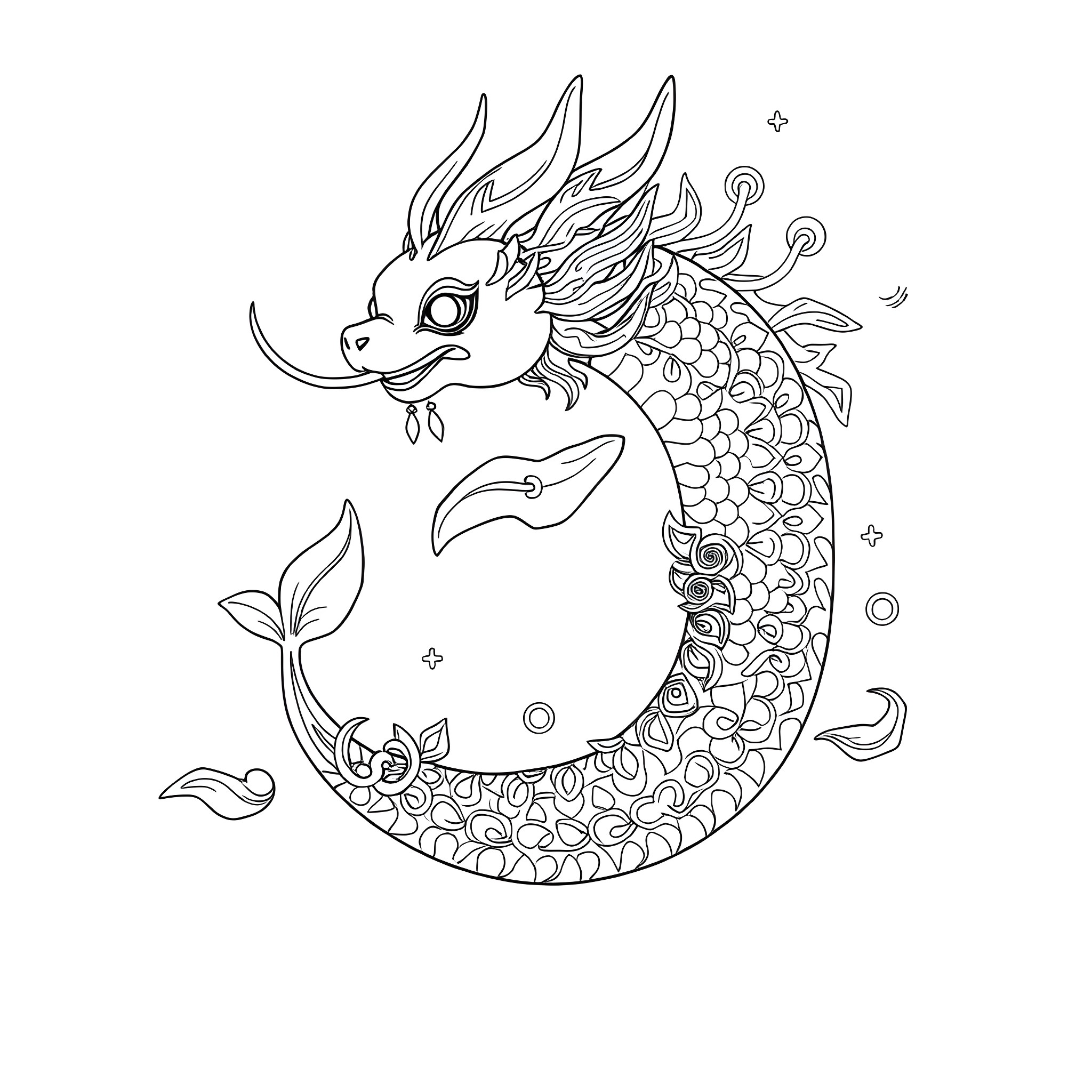 Mishipeshu swimming with grace and elegance Coloring Page (free black-and-white line drawing printable PDF for all, from beginners to advanced learners, including children, teens, adults, and seniors)