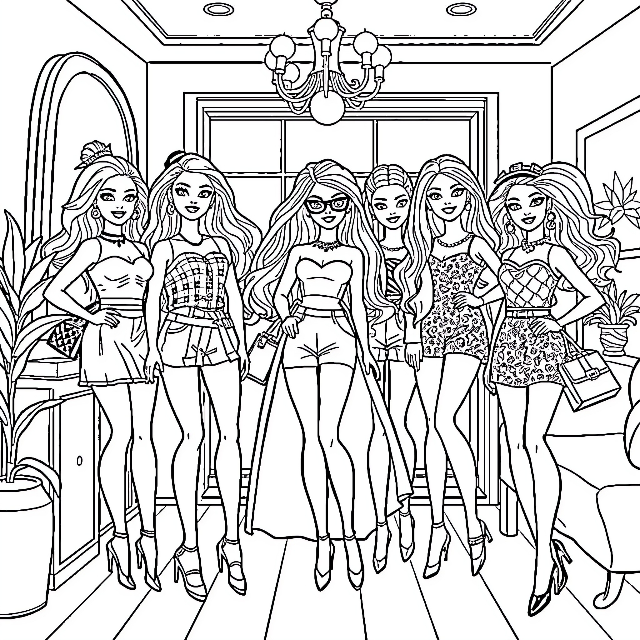 Barbie dolls posing fashionably in a stylish setting Coloring Page (free black-and-white line drawing printable PDF for all, from beginners to advanced learners, including children, teens, adults, and seniors)