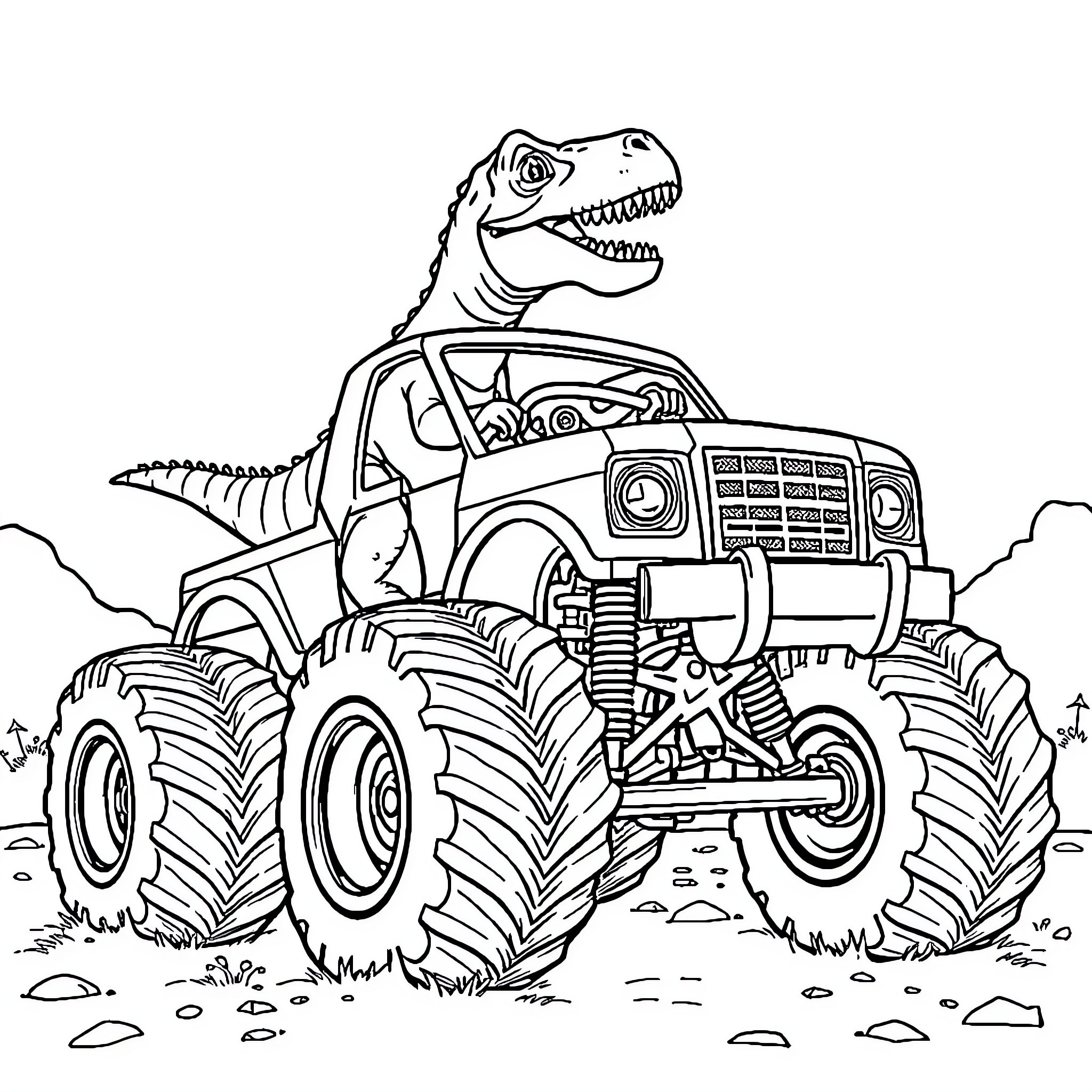 Dinosaur driving a monster truck through the terrain Coloring Page (free black-and-white line drawing printable PDF for all, from beginners to advanced learners, including children, teens, adults, and seniors)