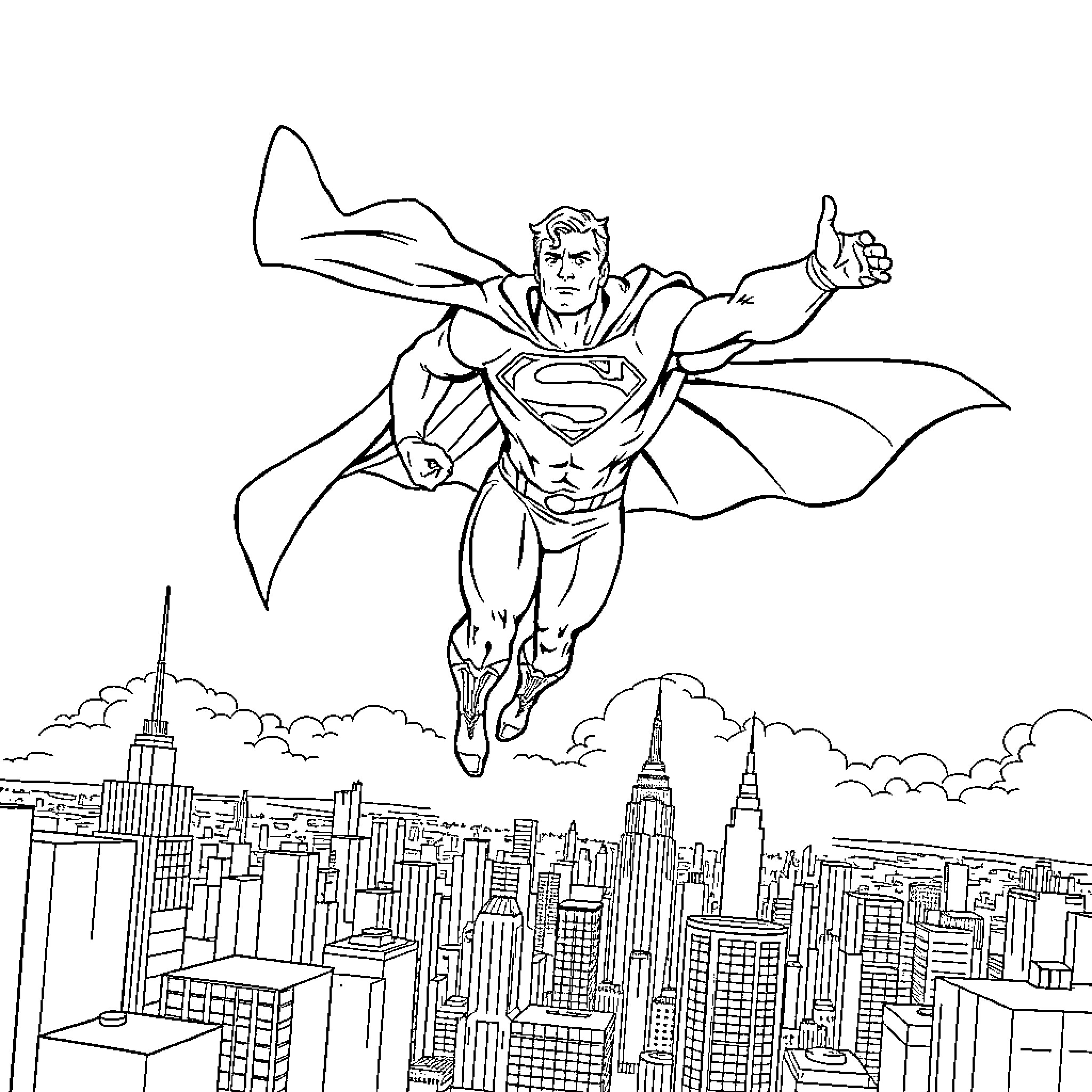 Superman flying heroically over a large city skyline Coloring Page (free black-and-white line drawing printable PDF for all, from beginners to advanced learners, including children, teens, adults, and seniors)