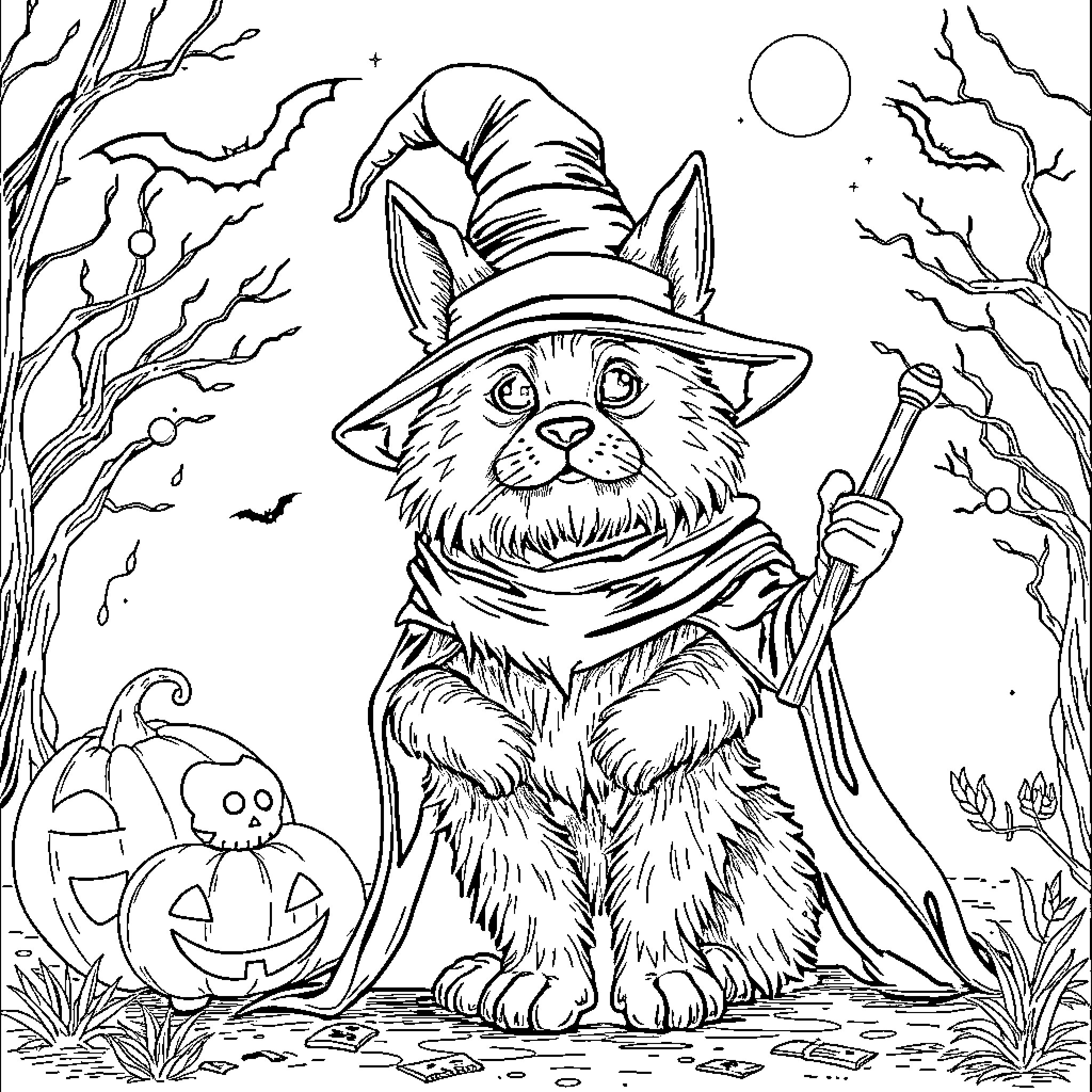 Rumi, the Playful Halloween Cat in the Enchanted Forest Coloring Page (free black-and-white line drawing printable PDF for all, from beginners to advanced learners, including children, teens, adults, and seniors)