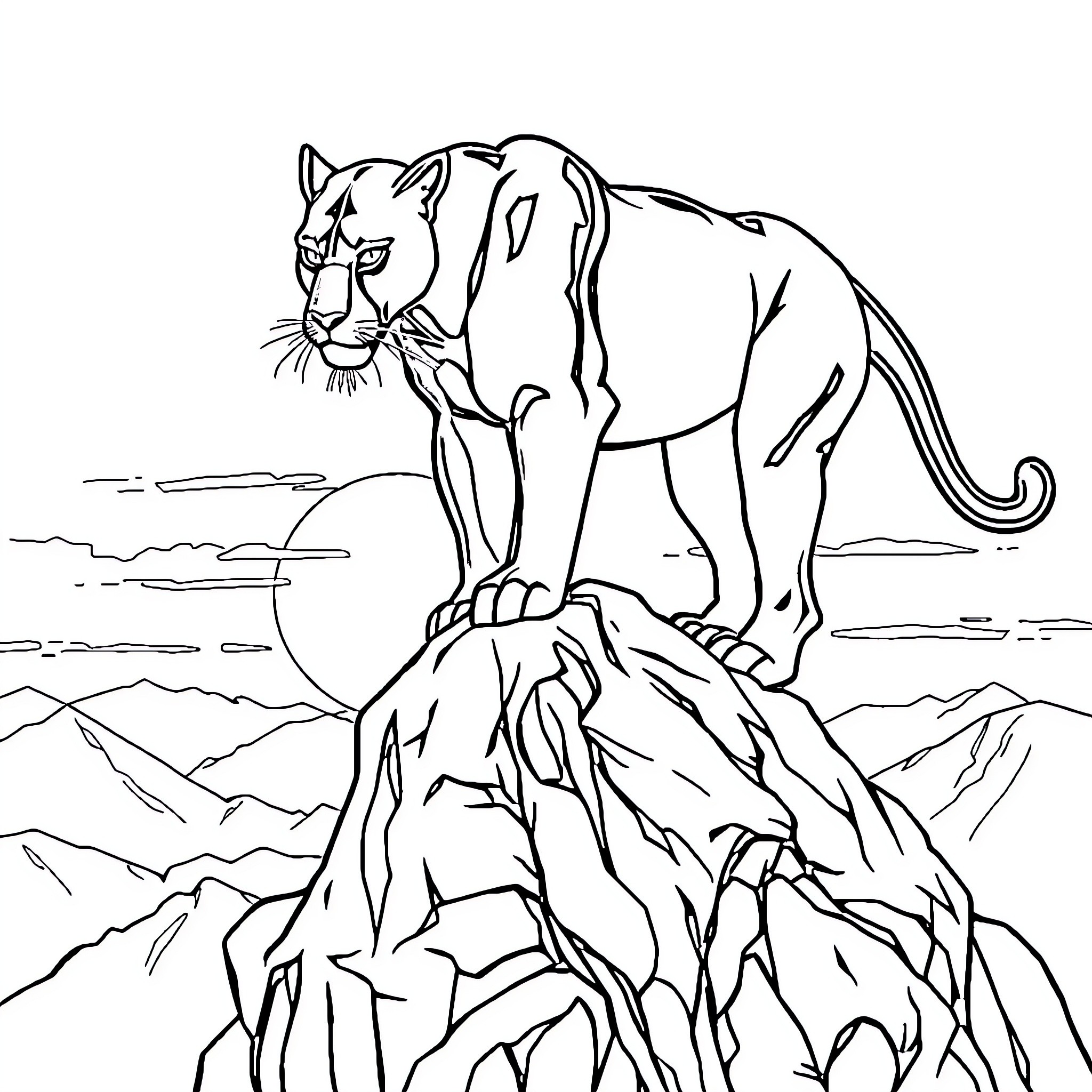 Panther Perched Atop Craggy Mountain Coloring Page (free black-and-white line drawing printable PDF for all, from beginners to advanced learners, including children, teens, adults, and seniors)