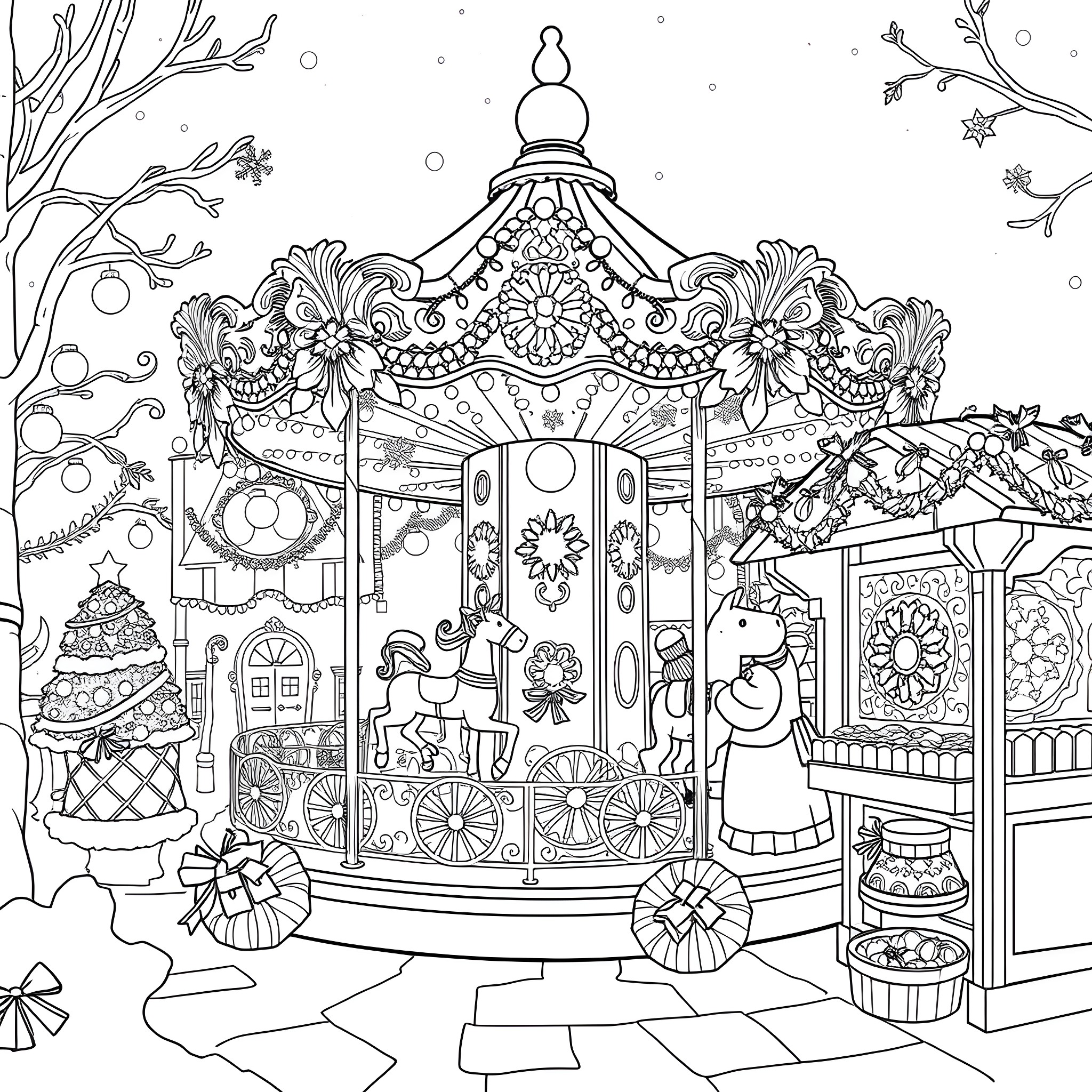 Christmas Market with Decorative Carousel and Festive Stalls Coloring Page (free black-and-white line drawing printable PDF for all, from beginners to advanced learners, including children, teens, adults, and seniors)