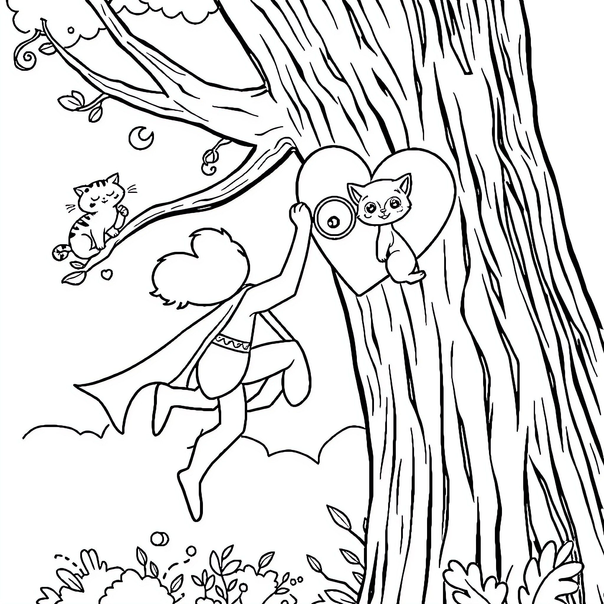 Superhero rescues kittens from a tree Coloring Page (free black-and-white line drawing printable PDF for all, from beginners to advanced learners, including children, teens, adults, and seniors)