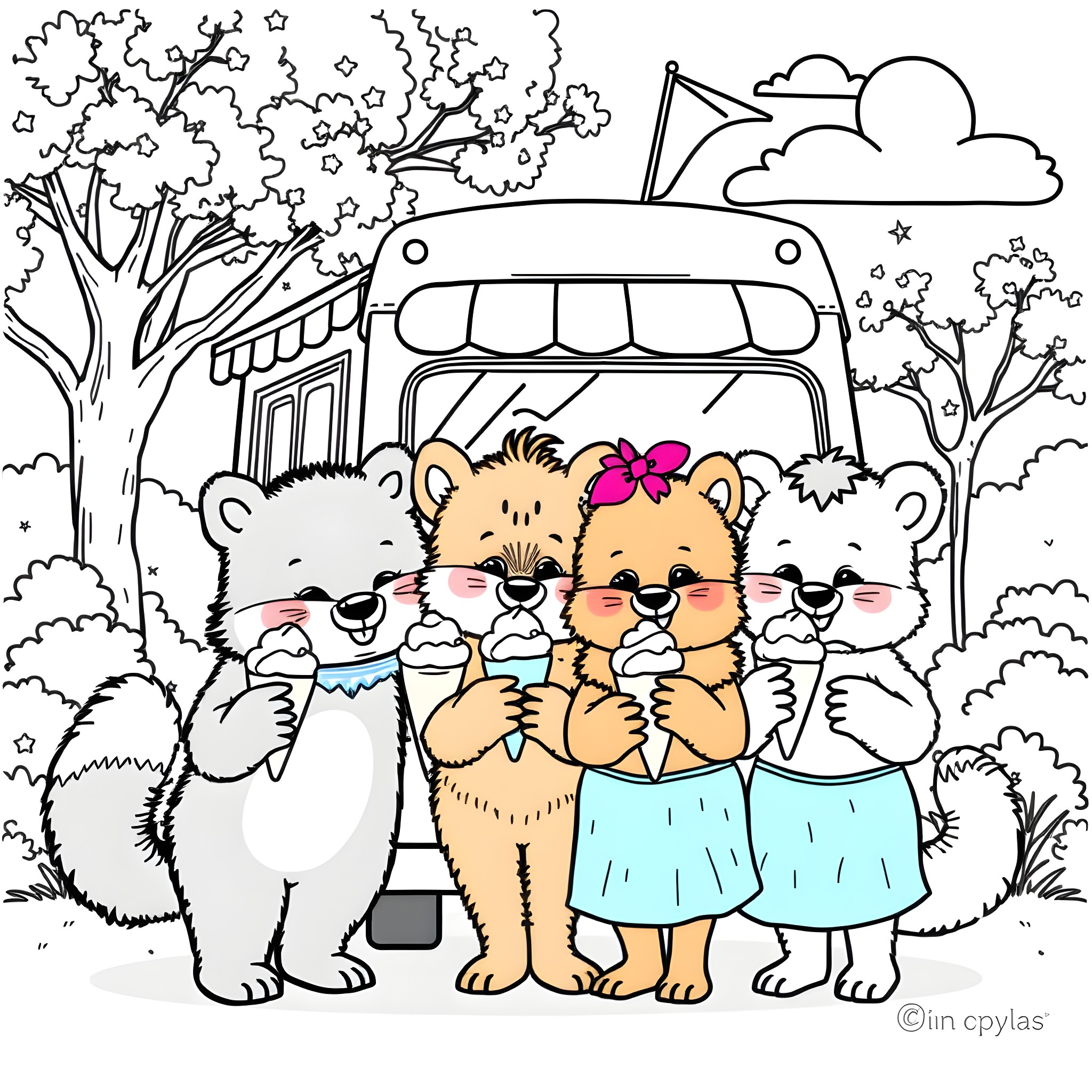 Animal friends playing happily on a bus Coloring Page (free black-and-white line drawing printable PDF for all, from beginners to advanced learners, including children, teens, adults, and seniors)