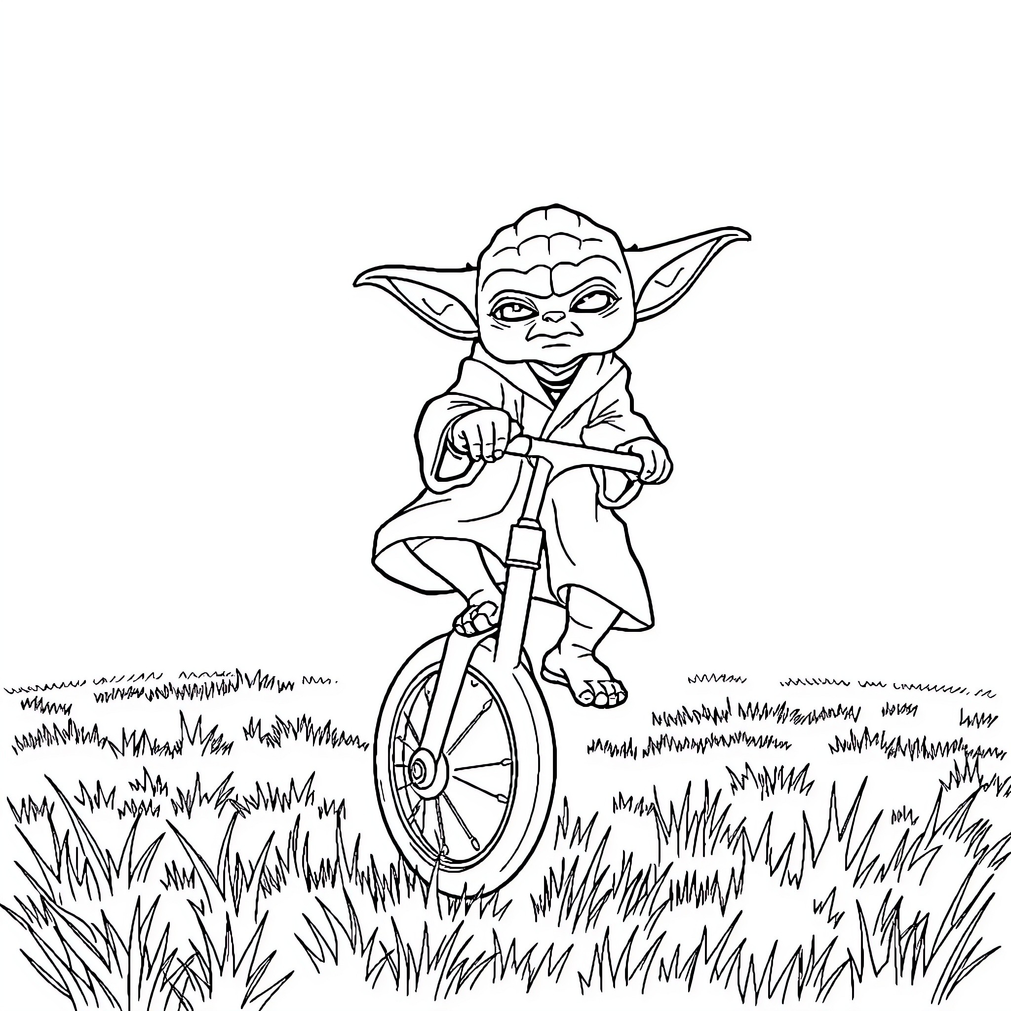 Yoda riding a unicycle in a grassy field Coloring Page (free black-and-white line drawing printable PDF for all, from beginners to advanced learners, including children, teens, adults, and seniors)