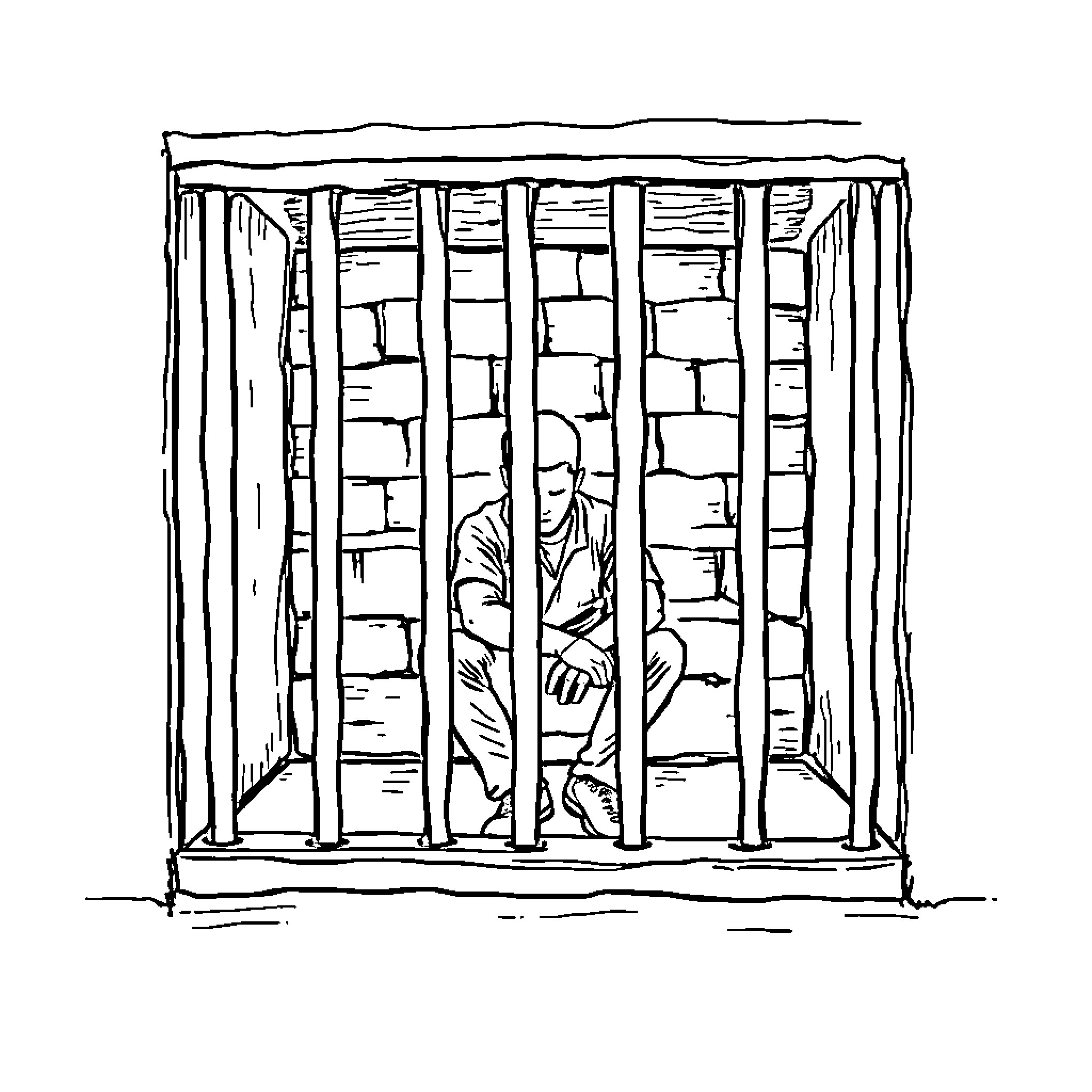 Man imprisoned behind bars Coloring Page (free black-and-white line drawing printable PDF for all, from beginners to advanced learners, including children, teens, adults, and seniors)