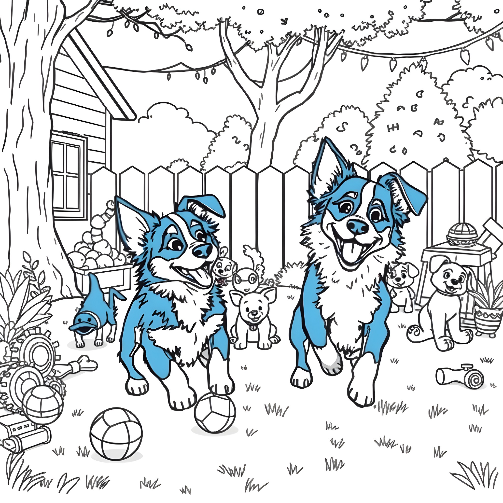 Bluey and Friends Playing in the Backyard Coloring Page (free black-and-white line drawing printable PDF for all, from beginners to advanced learners, including children, teens, adults, and seniors)