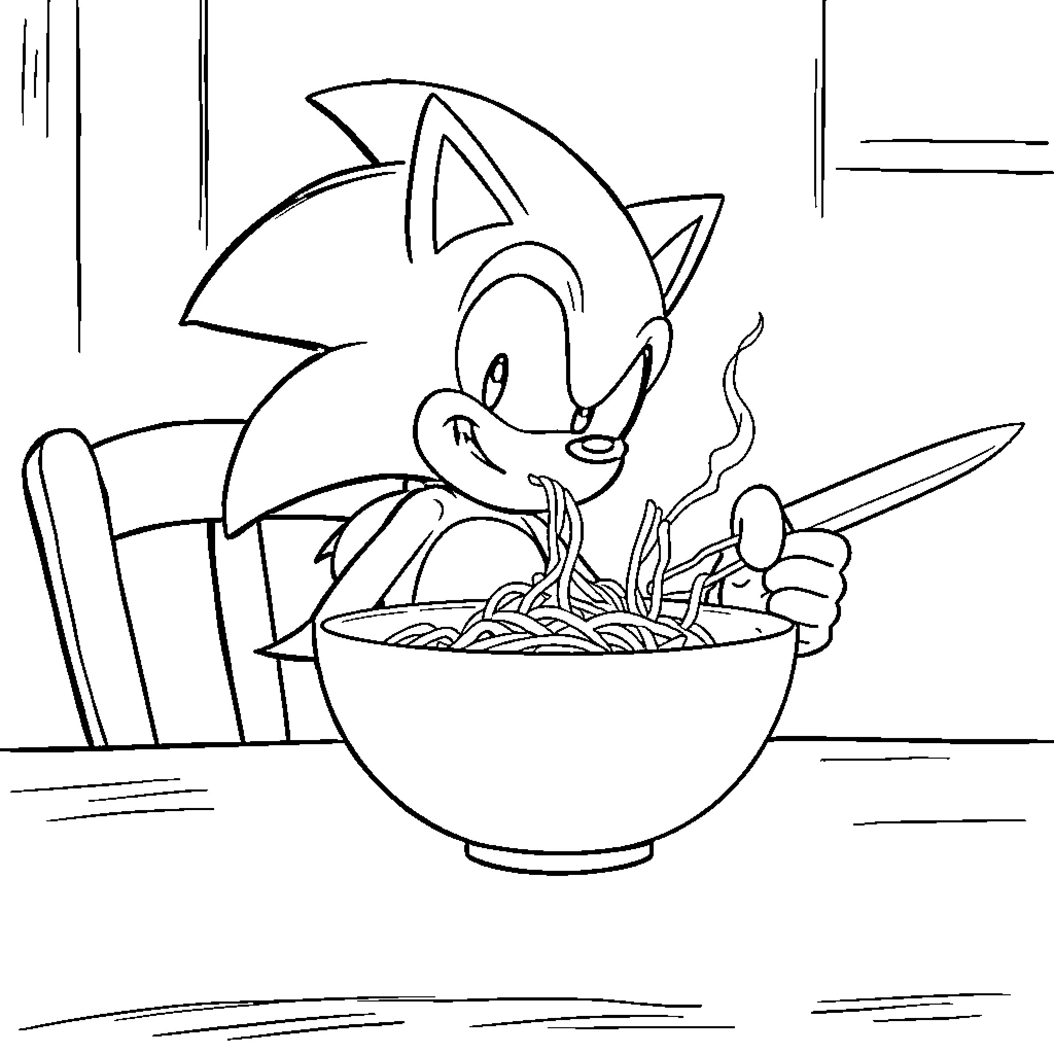 Sonic Enjoying a Hearty Meal Coloring Page (free black-and-white line drawing printable PDF for all, from beginners to advanced learners, including children, teens, adults, and seniors)