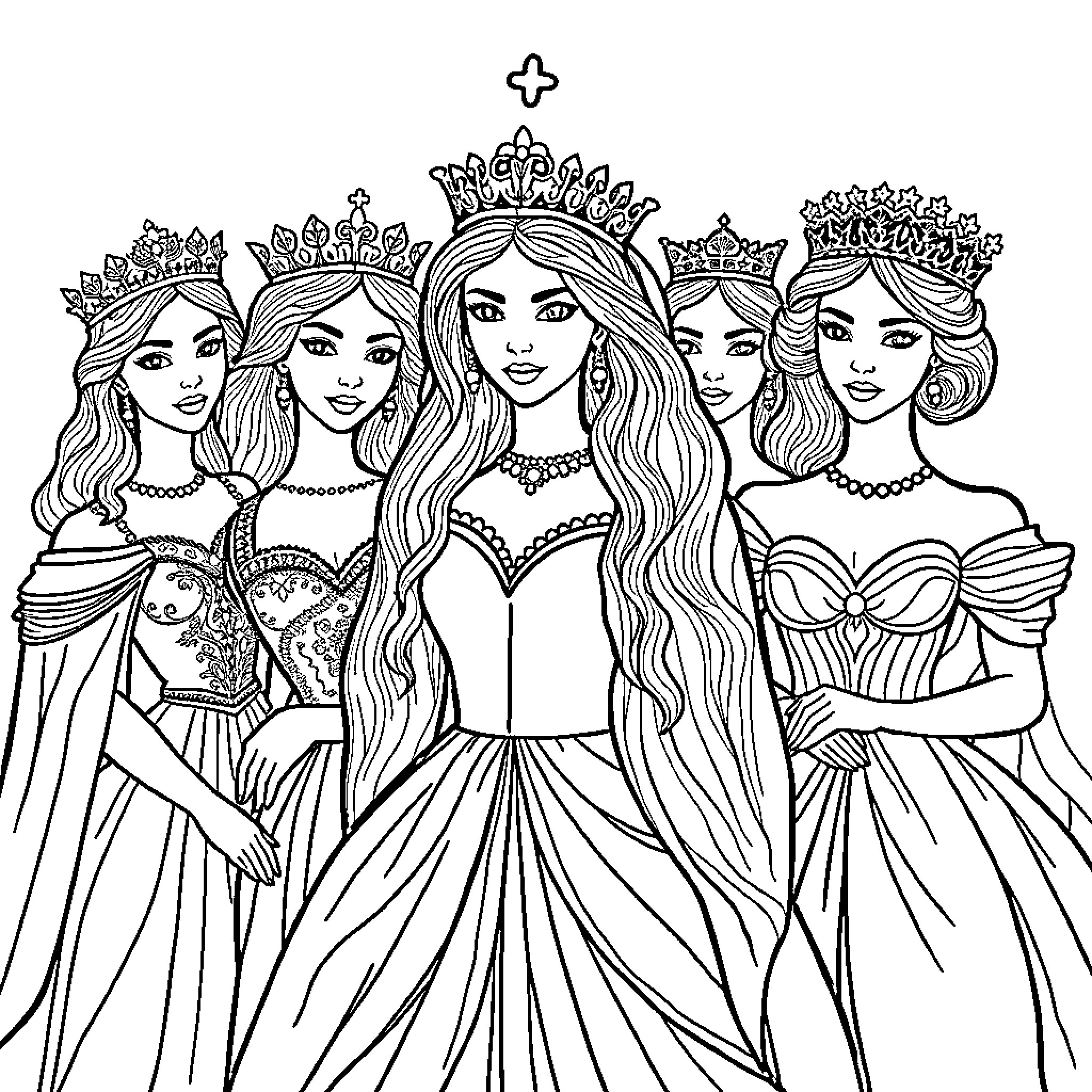 Queen and her royal court in elegant attire Coloring Page (free black-and-white line drawing printable PDF for all, from beginners to advanced learners, including children, teens, adults, and seniors)