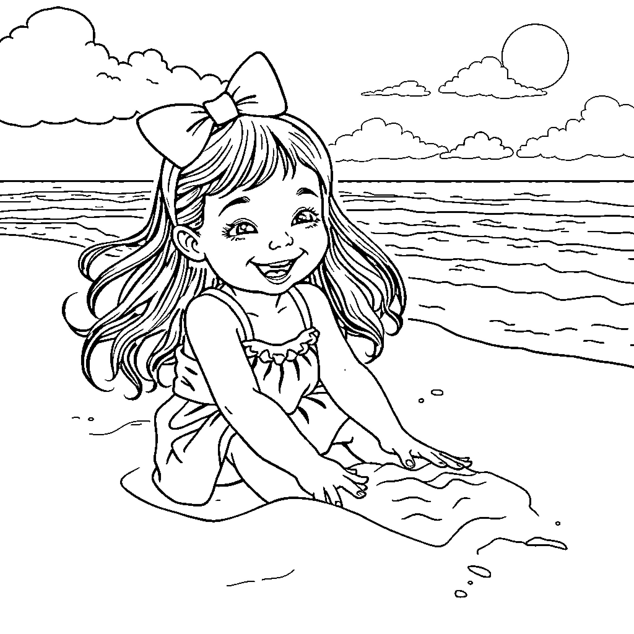 Girl enjoys a sunny day at the beach Coloring Page (free black-and-white line drawing printable PDF for all, from beginners to advanced learners, including children, teens, adults, and seniors)