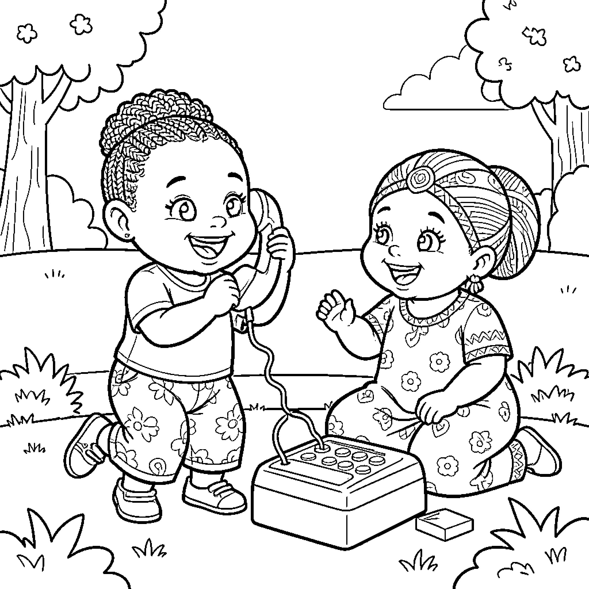 Trotro children playing together with a toy telephone Coloring Page (free black-and-white line drawing printable PDF for all, from beginners to advanced learners, including children, teens, adults, and seniors)