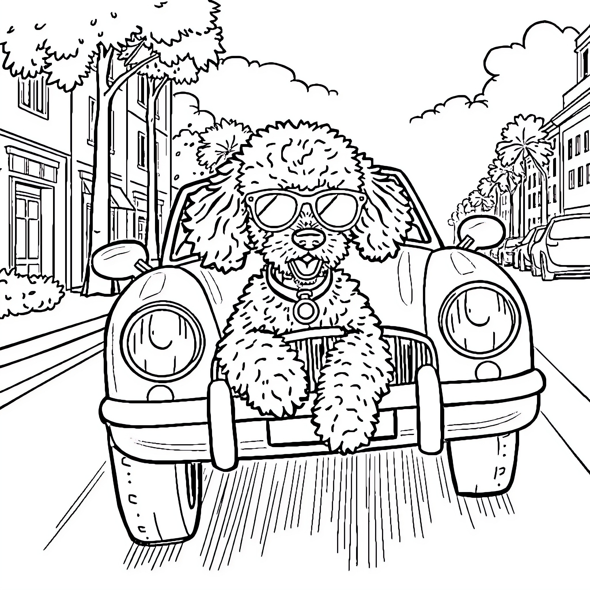 Poodle enjoying a joyride in a vintage car Coloring Page (free black-and-white line drawing printable PDF for all, from beginners to advanced learners, including children, teens, adults, and seniors)