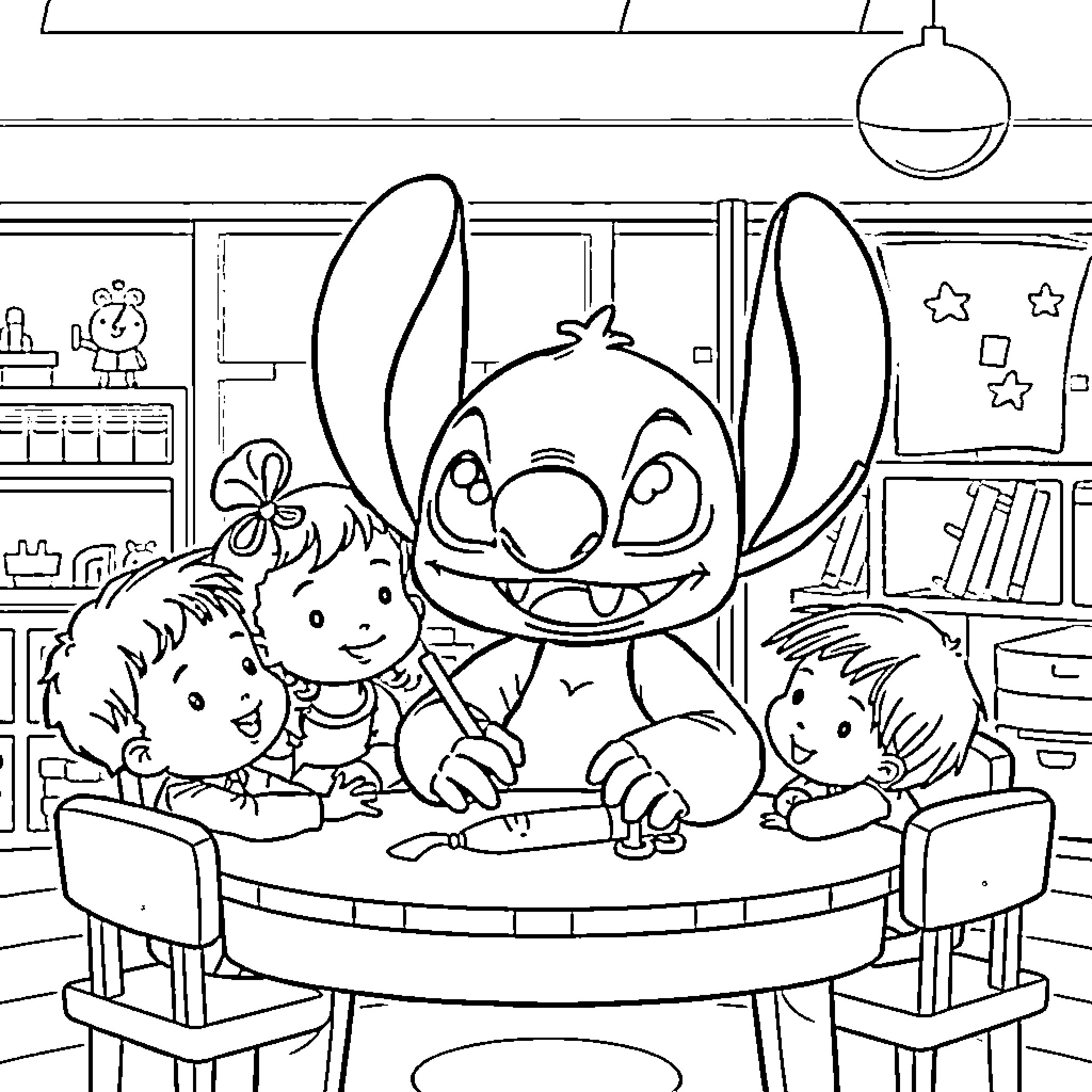 Stitch and children playing in classroom Coloring Page (free black-and-white line drawing printable PDF for all, from beginners to advanced learners, including children, teens, adults, and seniors)