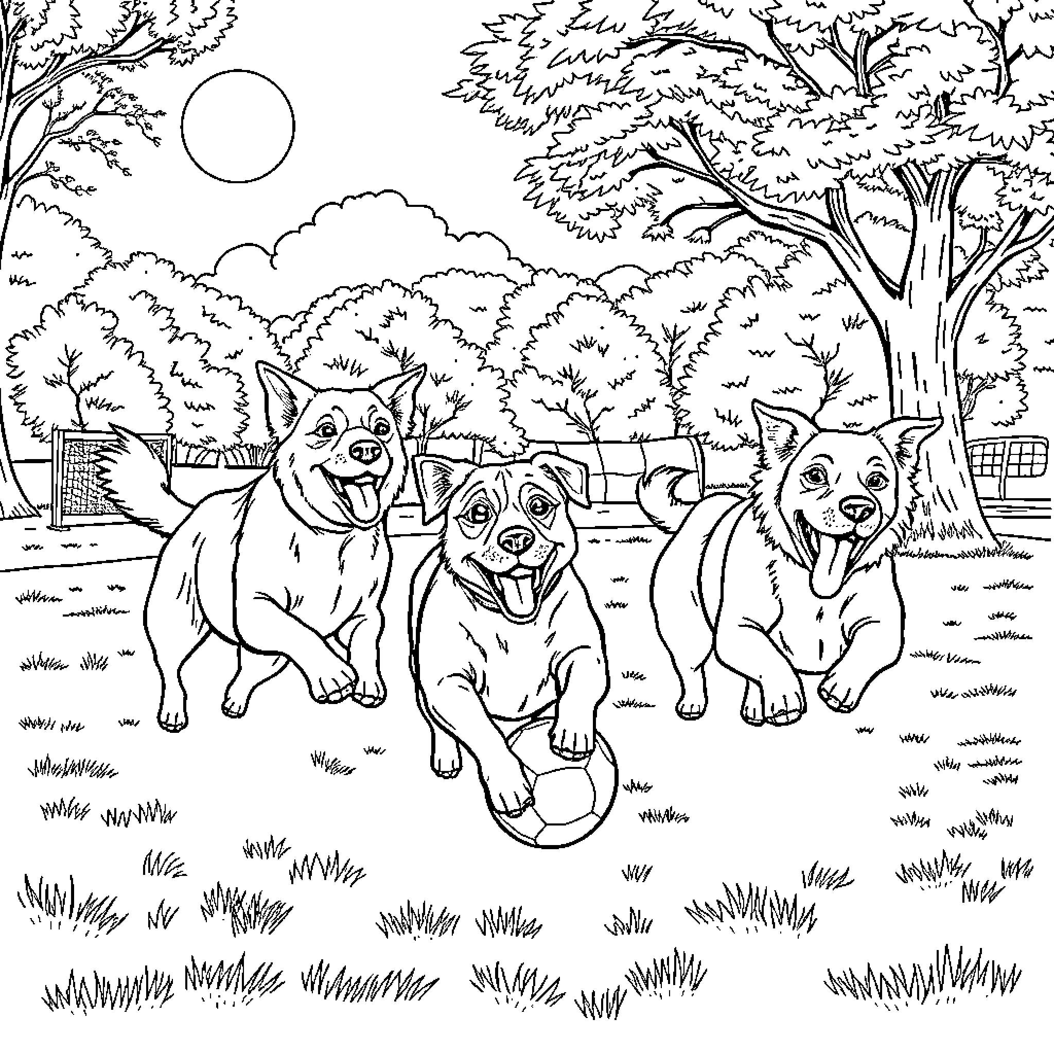 Dog Trio Playing Joyfully in Scenic Park Coloring Page (free black-and-white line drawing printable PDF for all, from beginners to advanced learners, including children, teens, adults, and seniors)