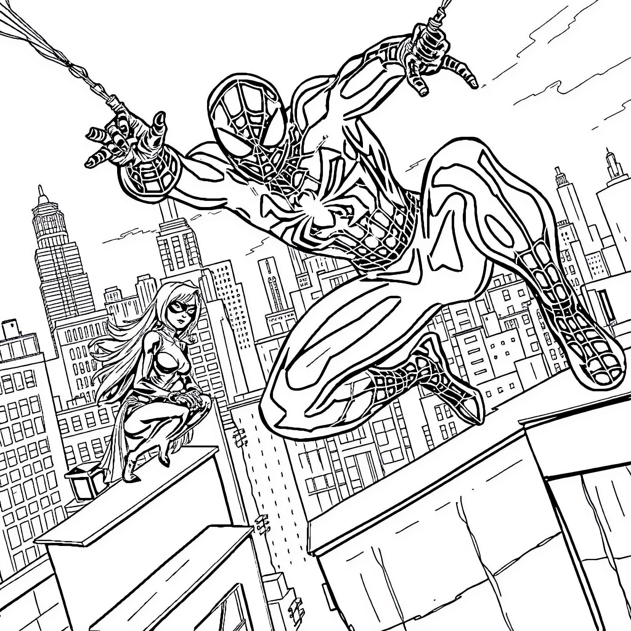Spiderman swinging through the city on action-packed adventure Coloring Page (free black-and-white line drawing printable PDF for all, from beginners to advanced learners, including children, teens, adults, and seniors)