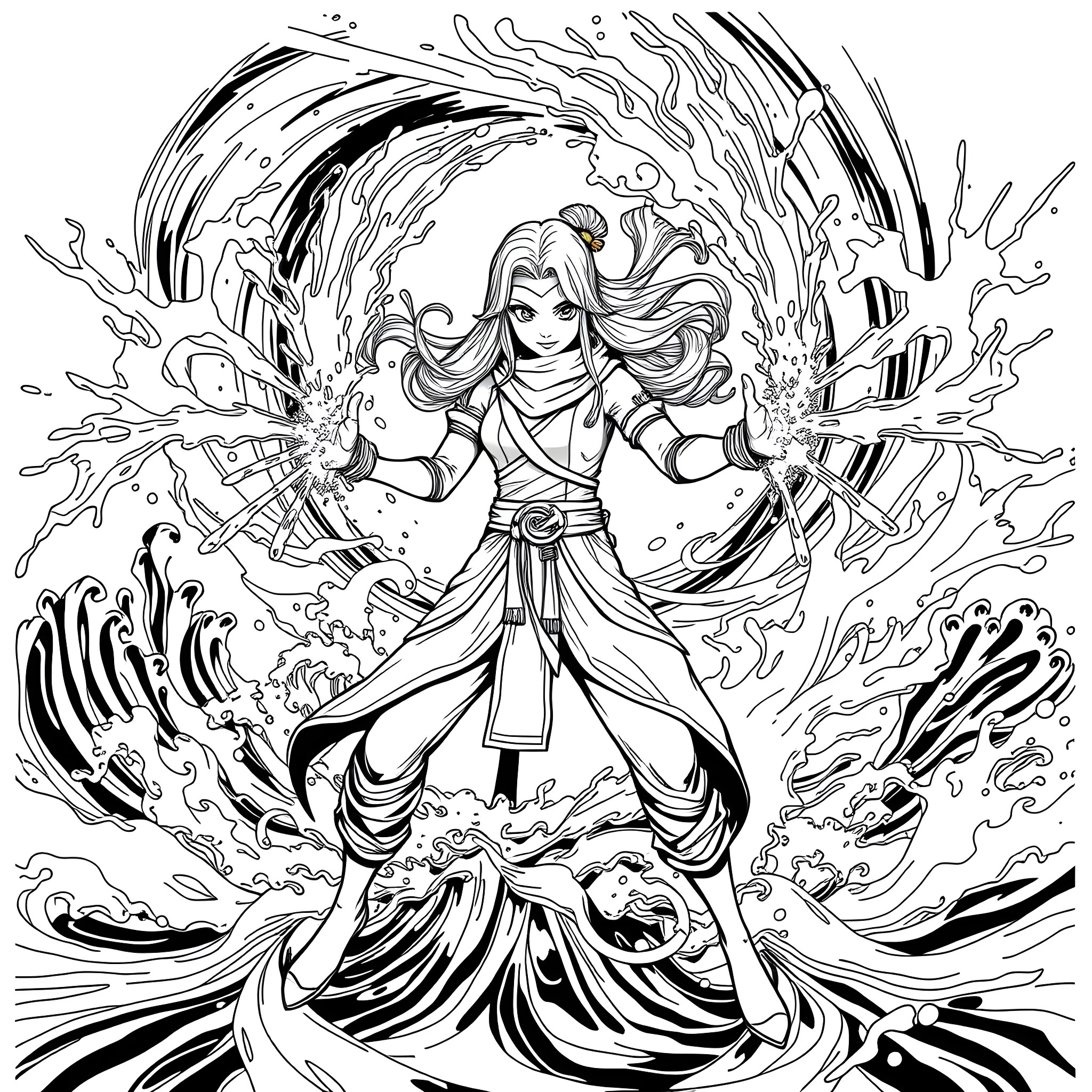 Nya: Powerful Warrior Unleashes Mystical Energy Coloring Page (free black-and-white line drawing printable PDF for all, from beginners to advanced learners, including children, teens, adults, and seniors)