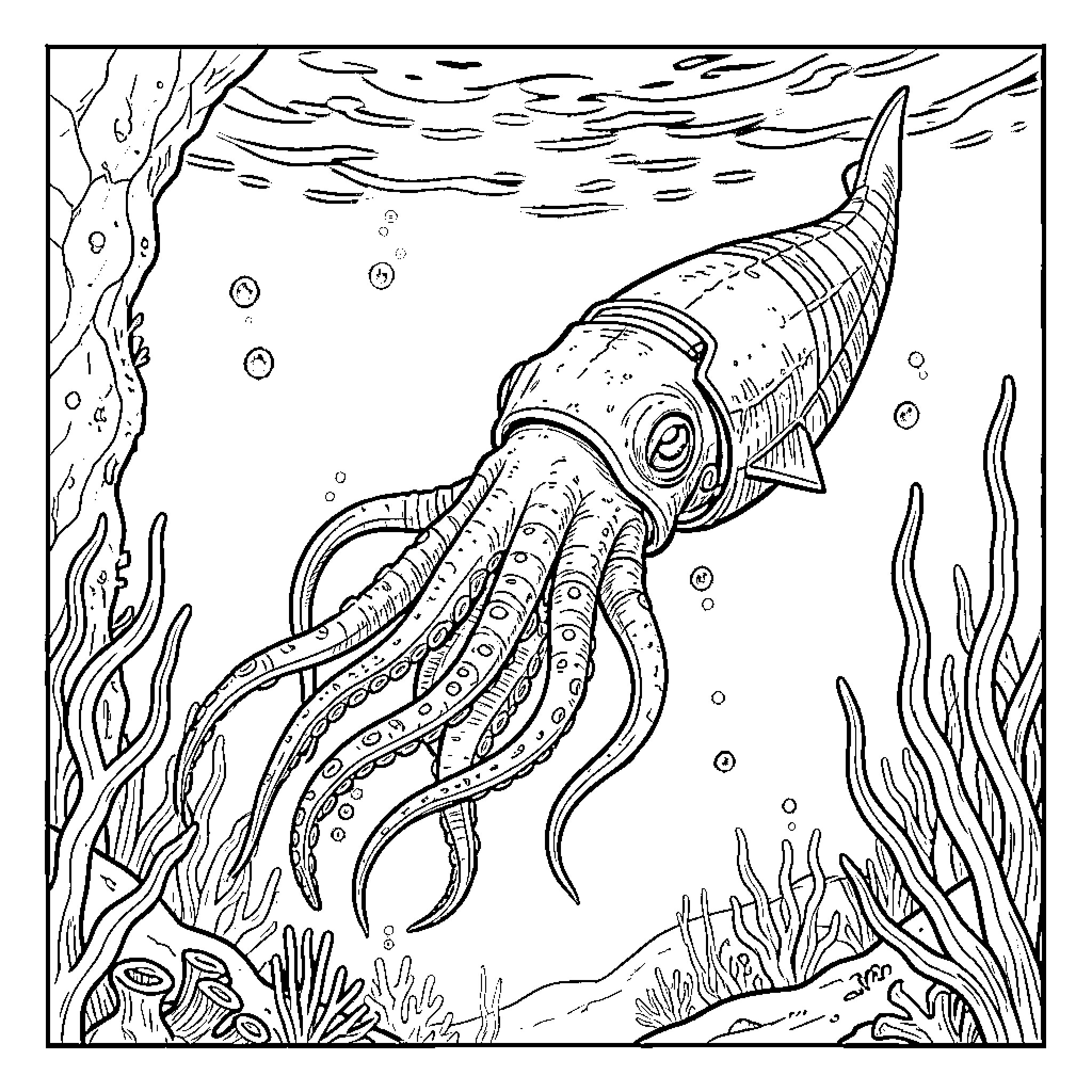 Squidshark exploring the underwater world Coloring Page (free black-and-white line drawing printable PDF for all, from beginners to advanced learners, including children, teens, adults, and seniors)