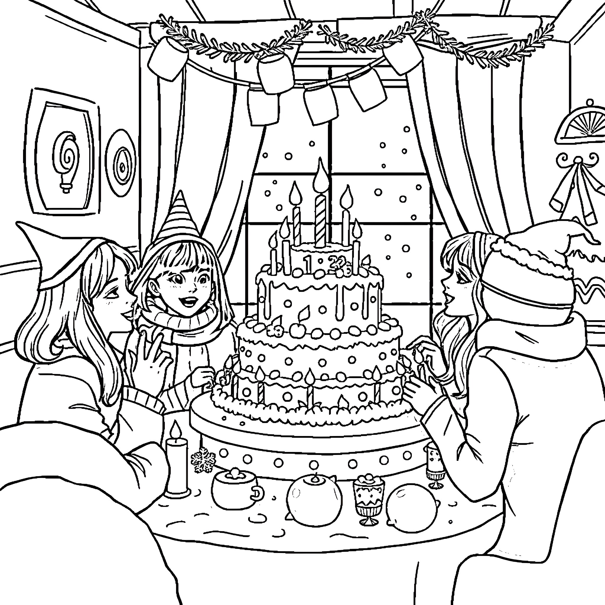 Birthday Cake Celebration with Family and Friends Coloring Page (free black-and-white line drawing printable PDF for all, from beginners to advanced learners, including children, teens, adults, and seniors)